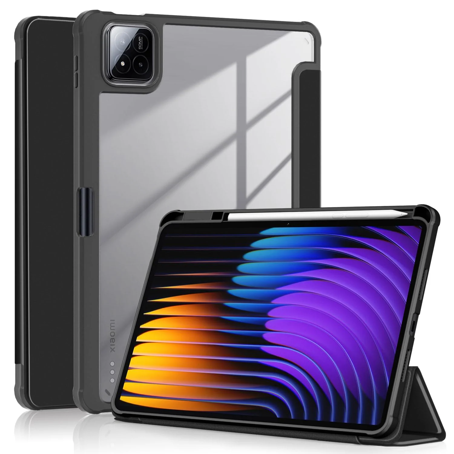 DL3 Mobilak Case for Xiaomi Pad 7 / Xiaomi Pad 7 Pro 2024 11.2 inch, Clear Shockproof Back Cover Built-in Pencil Holder, Auto Sleep/Wake - Black
