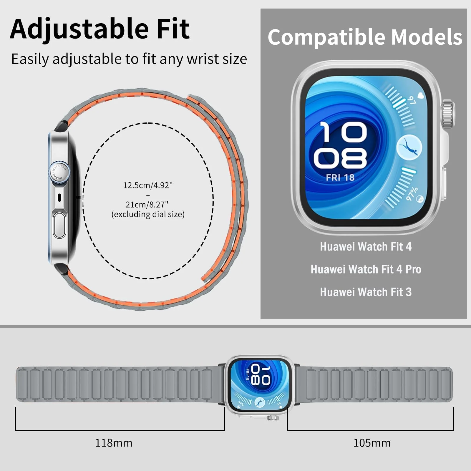 DL3 Mobilak Magnetic Strap for Huawei Watch Fit 4 Pro/Fit4/Fit 3 Replacement Straps Strong Silicone, Easy to Wear, Waterproof, Sporty, Daily Wear Watchbands for Men and Women - Gray | Orange