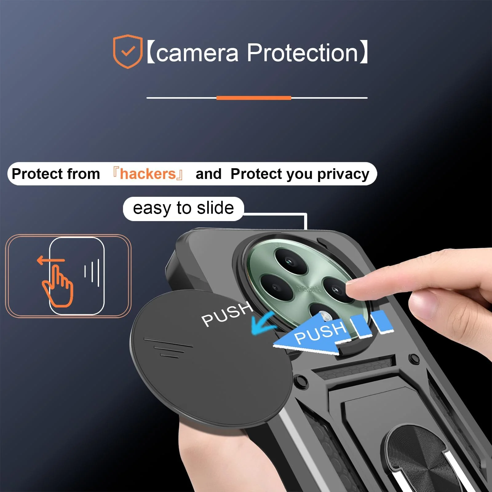 DL3 Mobilak Case for OPPO Reno 12 F/Reno 12F with Slide Camera Cover, Military Grade Shockproof Protective Cover with Rotatable Metal Ring Kickstand [Support Magnetic Car Mount] - Black