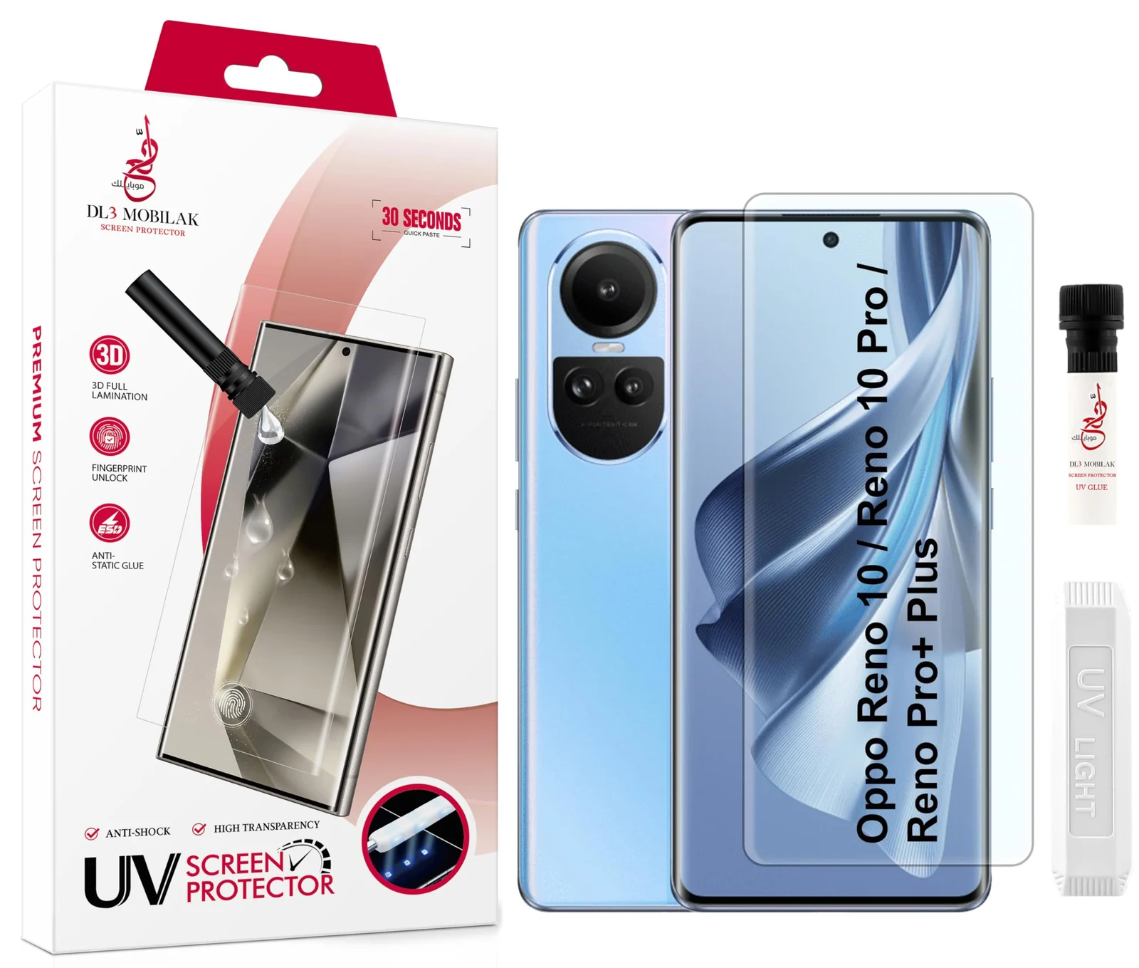 DL3 Mobilak Screen Protector OPPO Reno 10 5G /Reno 10 Pro 5G / Reno 10 Pro+ Plus 5G [Liquid UV Tempered Glass] Full Screen [Sensitive Touch][Fingerprint Sensor Compatible] HD - Clear