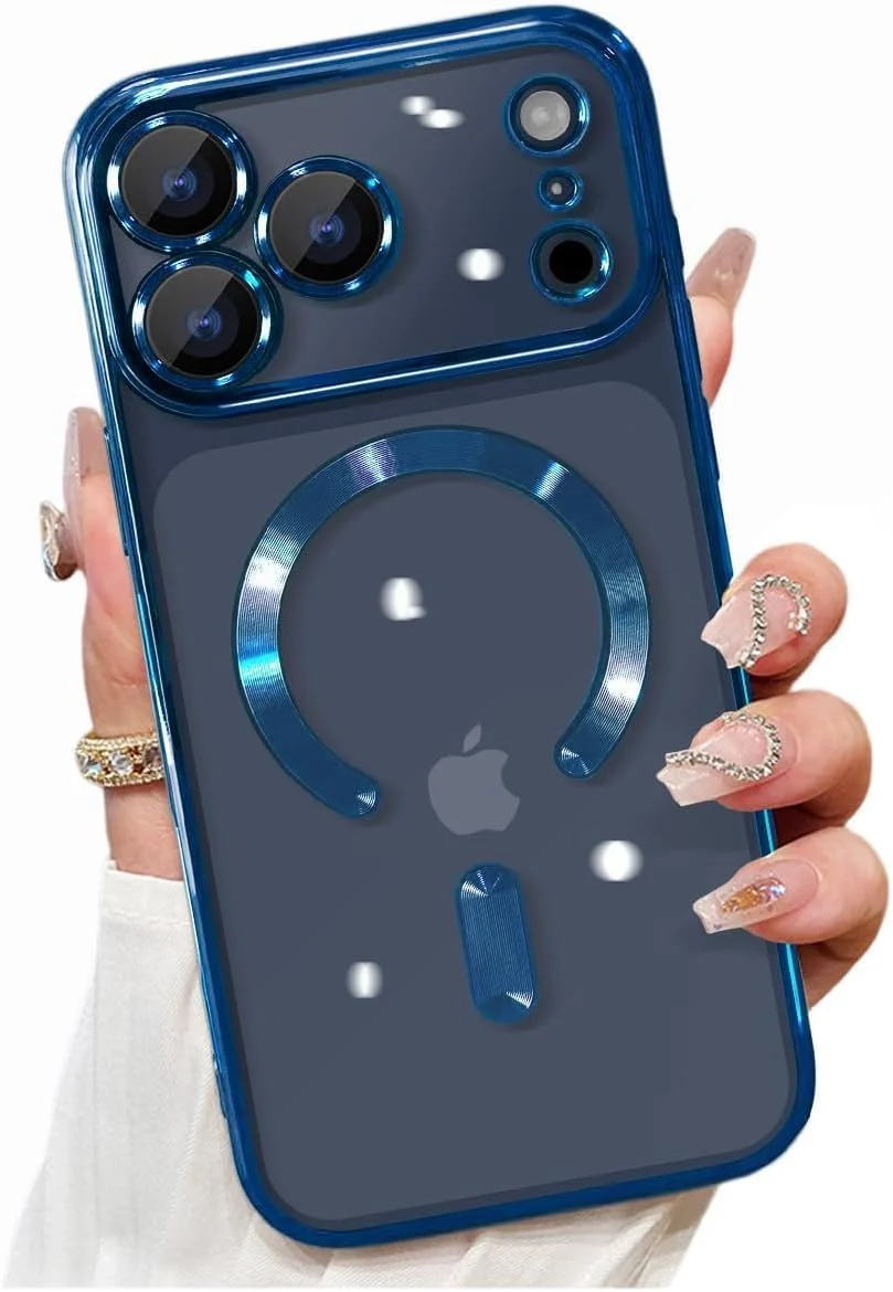 DL3 Mobilak For iPhone 17 Pro Magnetic Case, Compatible with MagSafe, Built-in Camera Lens Protector, Luxury Plating Soft TPU Clear Shockproof Slim Thin Cover - Blue
