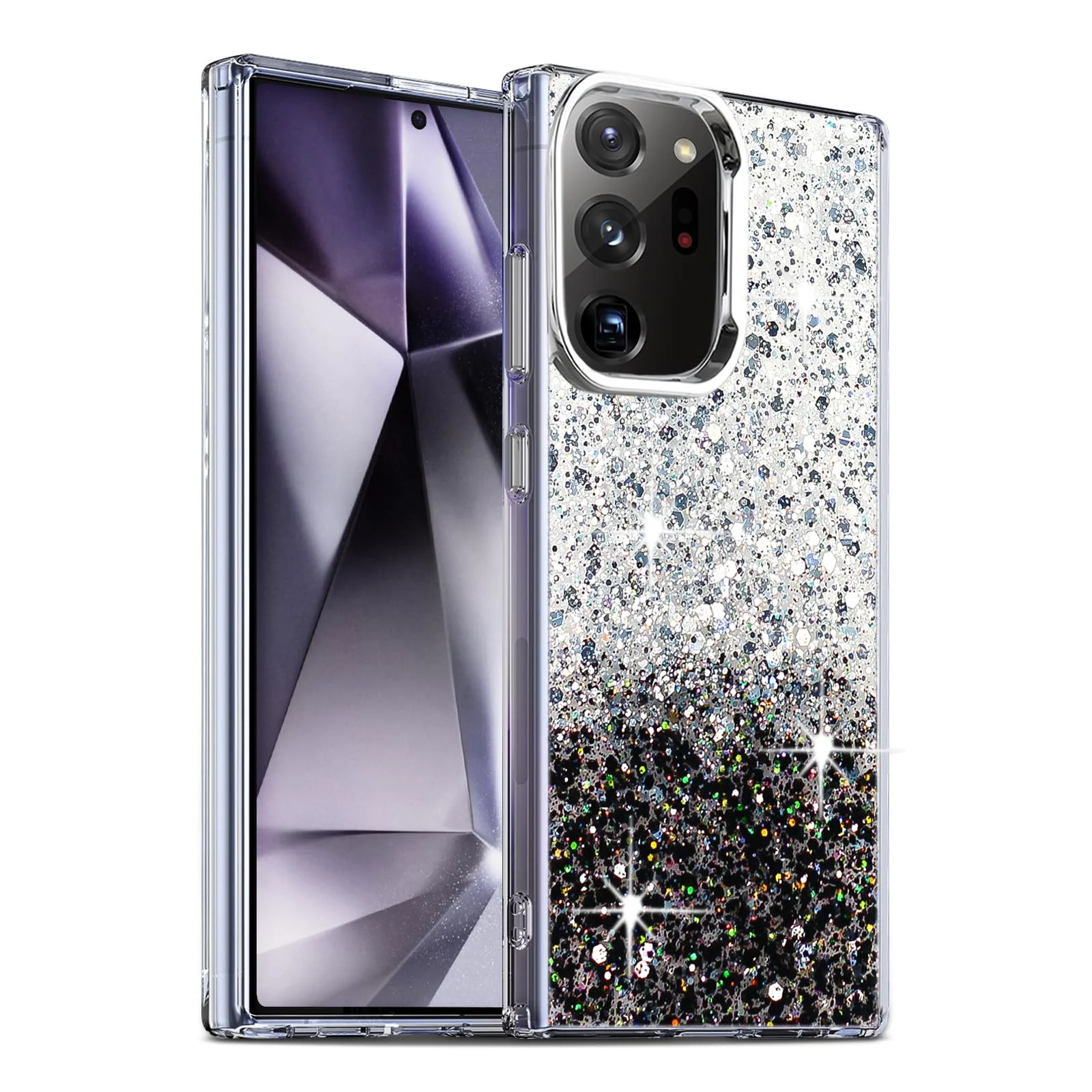 DL3 Mobilak Compatible with Samsung Galaxy Note 20 Ultra Case, Clear Glitter Bling Sparkly, Soft TPU Frame Bumper, Hard-Back Cover for Women & Girls, Transparent Protective Phone Case - White Black