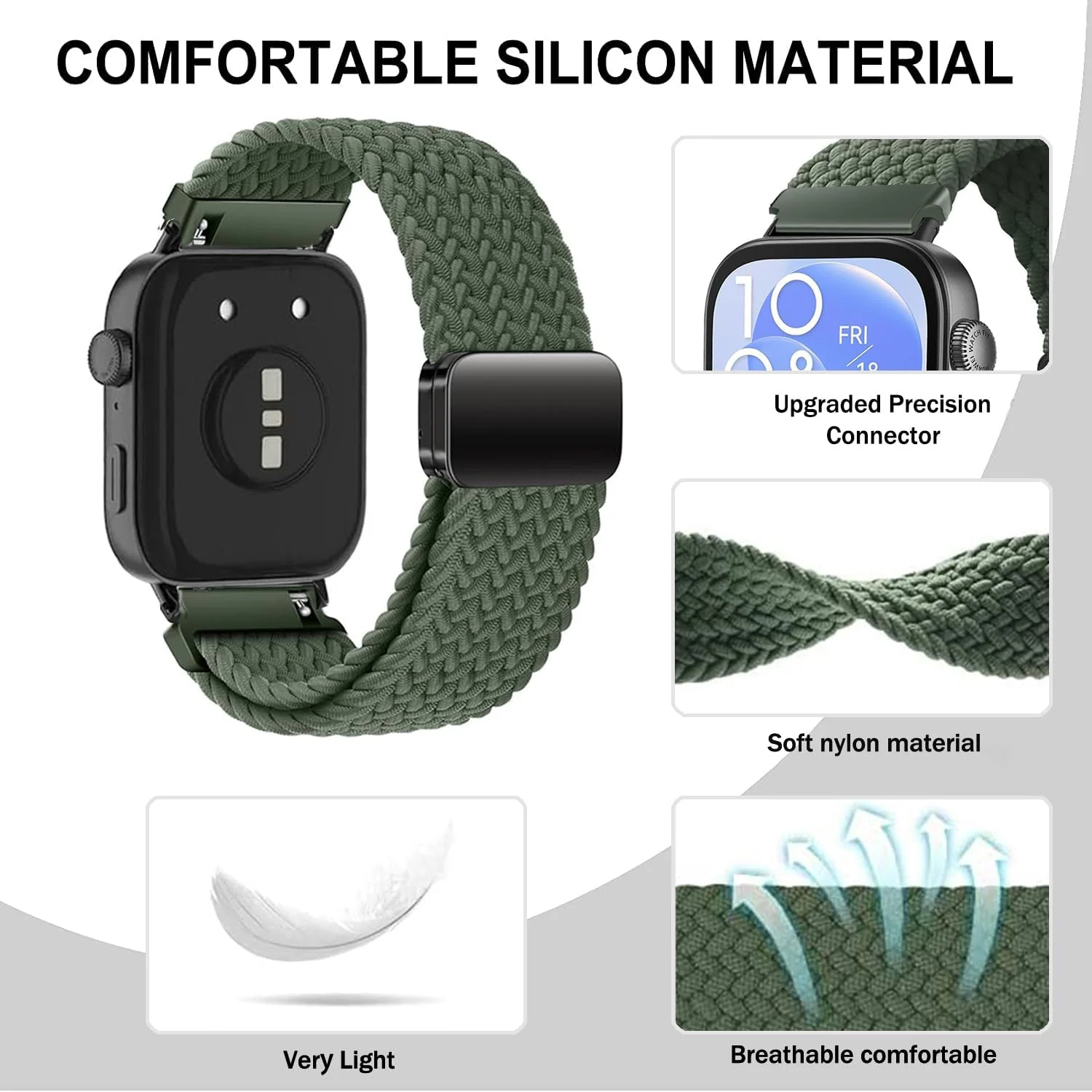 DL3 Mobilak Braided Strap for Huawei Watch Fit 4 / Fit 4 Pro/Fit 3 Bracelet, Quick Release Adjustable Nylon Sport Elastic Loop Band, Anti-Slip Magnetic Buckle Stretchy Nylon Strap - Green