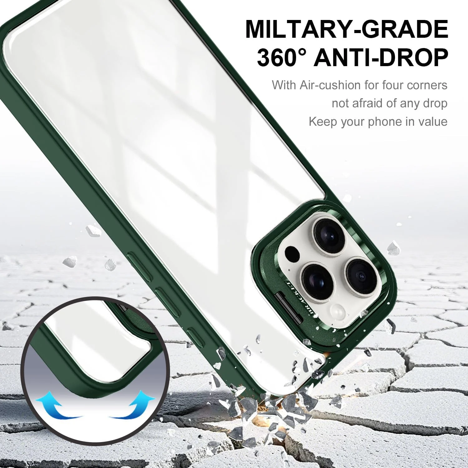 DL3 Mobilak Clear PC and TPU Case with Camera Ring Kickstand and Lens Protector for iPhone 15 Pro - Green