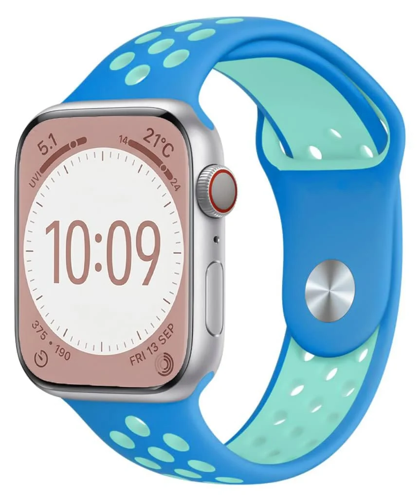 42mm/44mm/45mm/49mm — DL3 Mobilak Sport Strap For Apple Watch 49mm 45mm 44mm 42mm 41mm 40mm 38mm, Breathable Silicone Double Hole Band, for iWatch Ultra 2 Series 9 8 7 6 5 4 3 SE (&, 42mm/44mm/45mm/49mm) - Blue & Teal