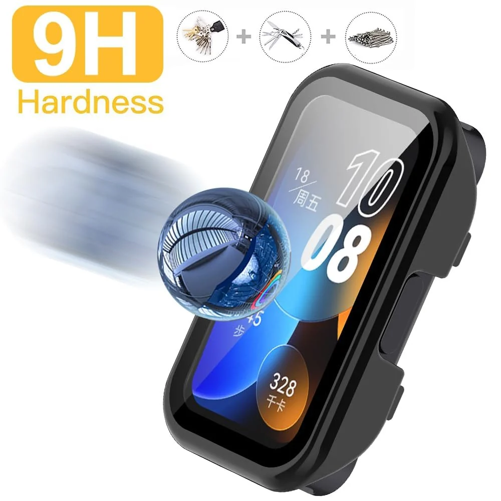 DL3 MOBILAK Protective Case Compatible with Huawei Band 9/8 9H Hardness PC Case Bumper Full Slim Protective Cover with Tempered Glass For HUAWEI Band 8/9 - Black