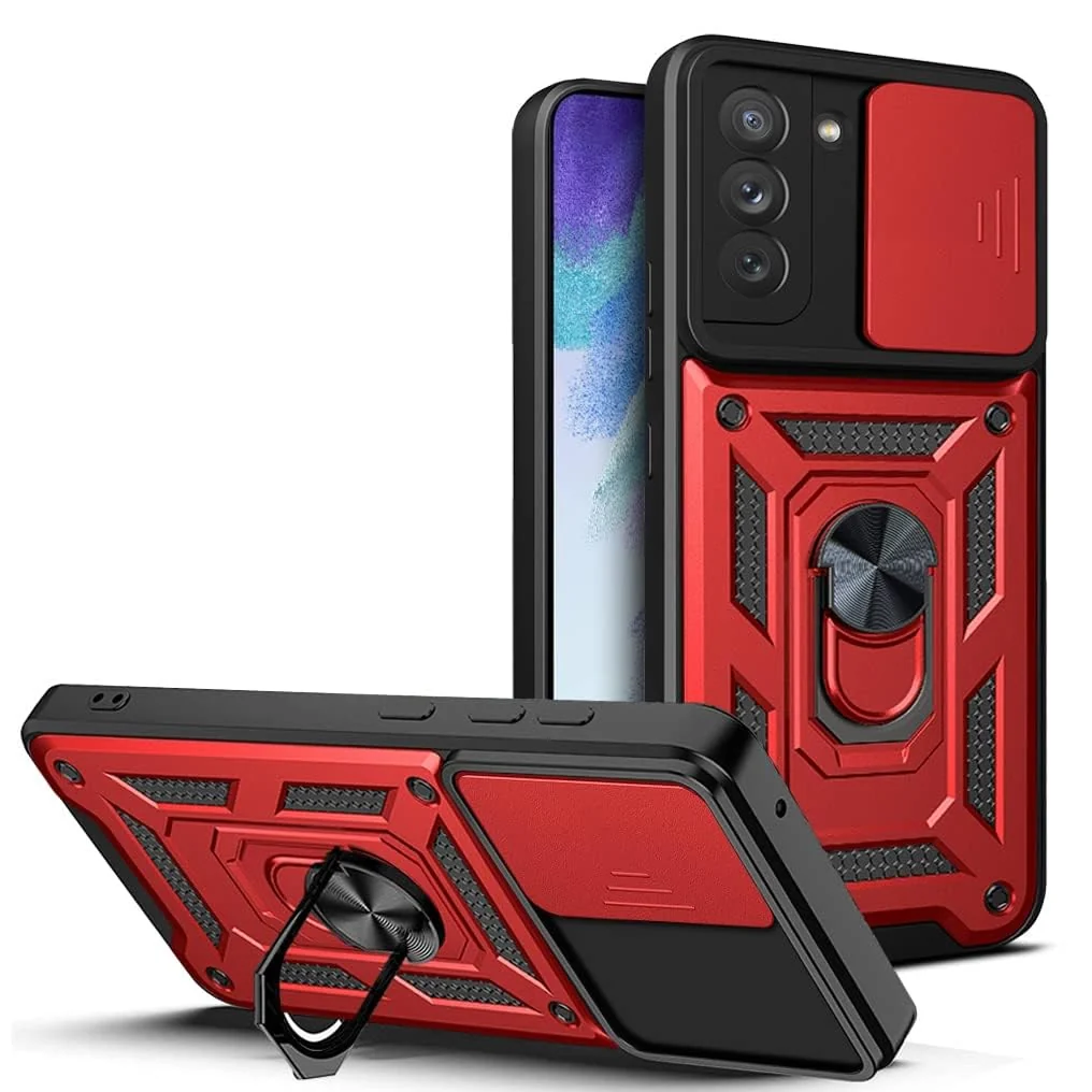 DL3 Mobilak Military-Grade Protective Case with Sliding Camera Cover, Metal Ring Kickstand and Magnetic Car-Mount Support for Samsung Galaxy S21 FE 5G - Red