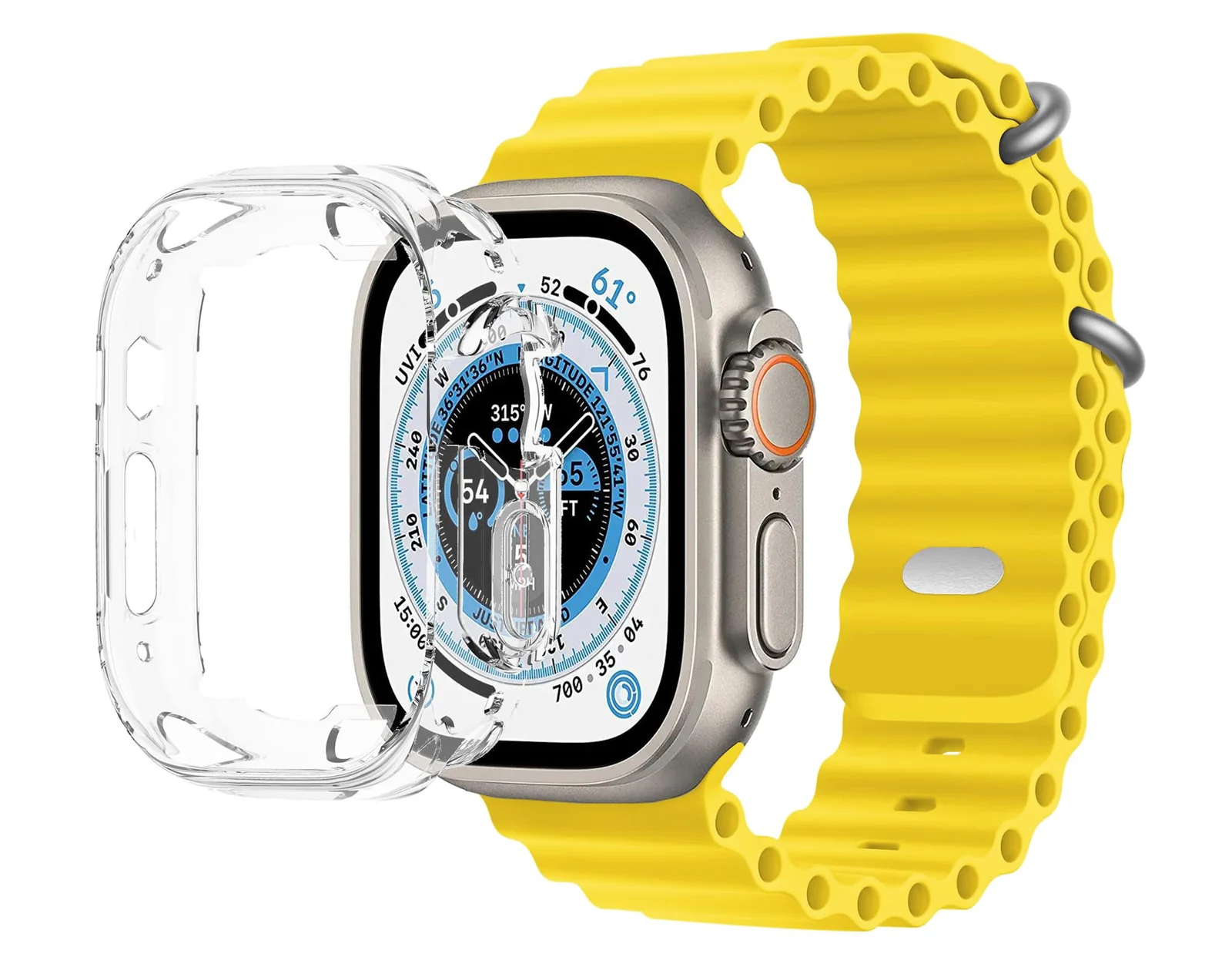 DL3 Mobilak Ocean Band with Case For Apple Watch Ultra 49mm, Adjustable Silicone Sport Loop Ocean Strap Men Women Strap With Protective Cover Screen Shockproof for iWatch Ultra 2 49mm - Yellow