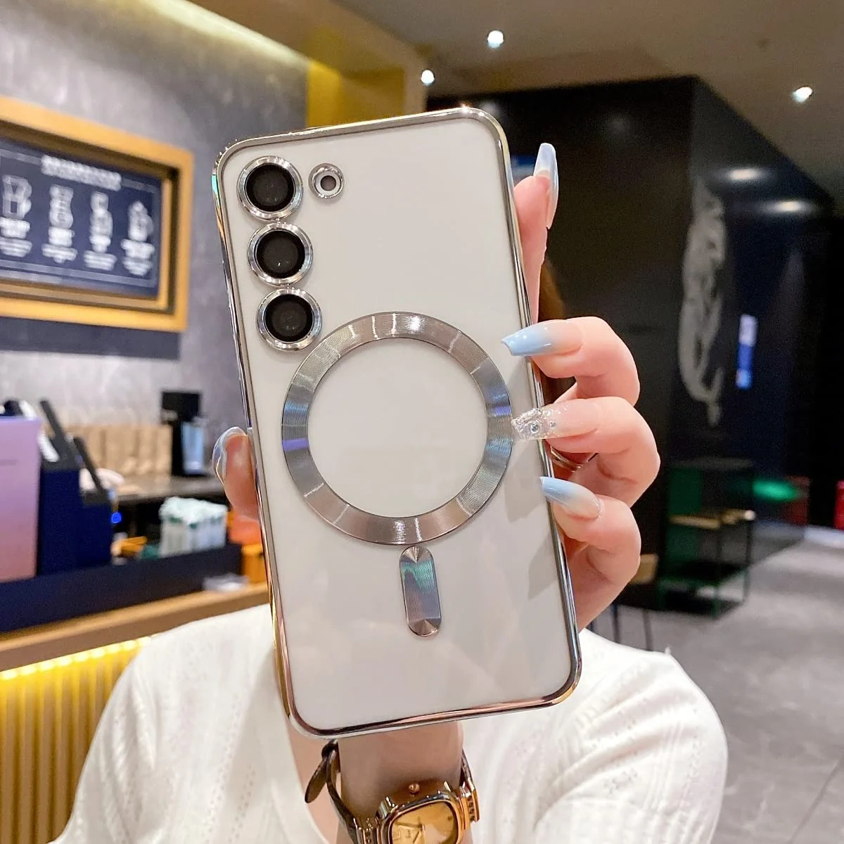 DL3 Mobilak Case for Samsung Galaxy S23 Compatible with MagSafe with Camera Lens Protector, Magnetic Clear Case Slim Plated Protective Case - Silver