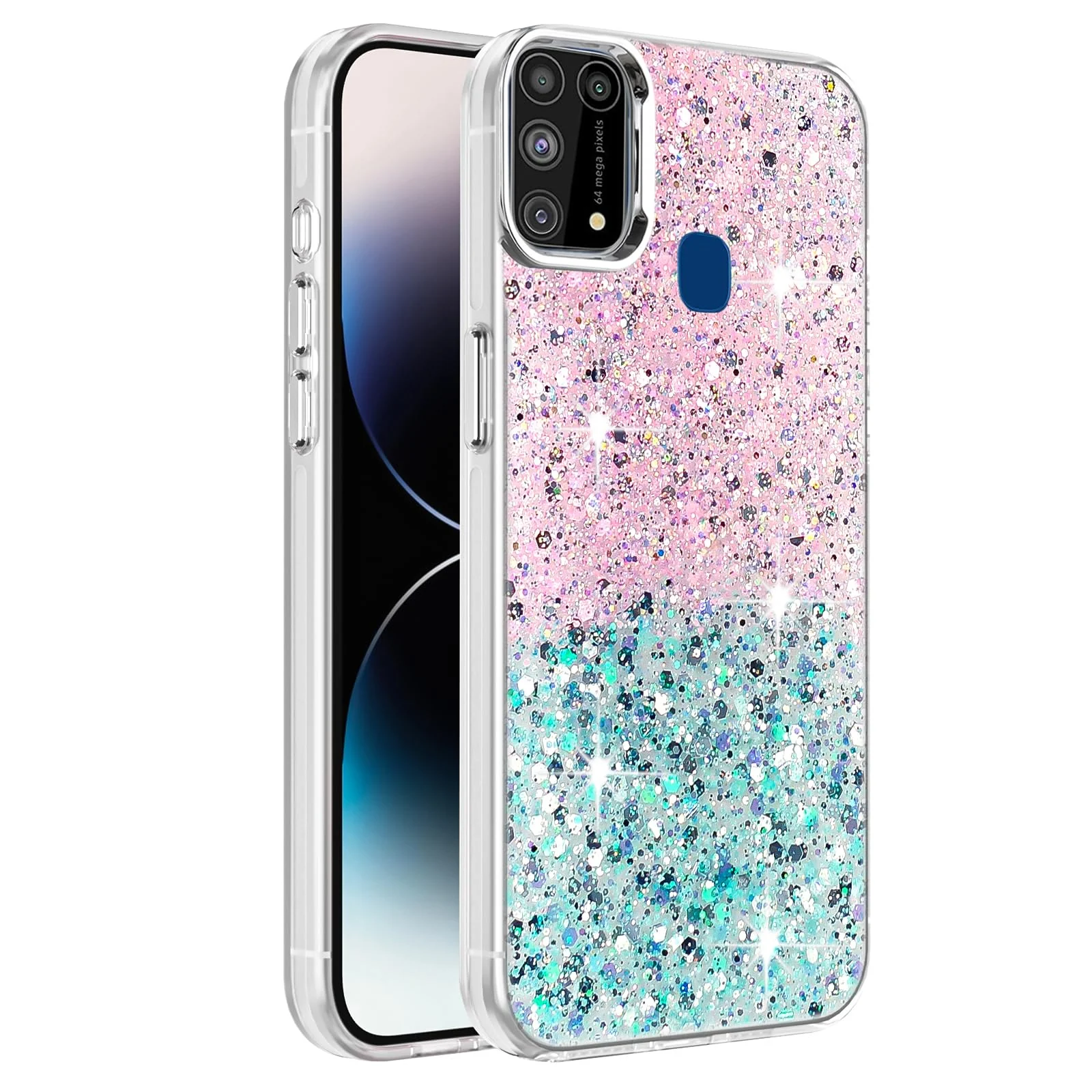 DL3 Mobilak Glitter Rhinestone Protective Case for Samsung Galaxy M31 / M21s with Shockproof Design - Pink Green