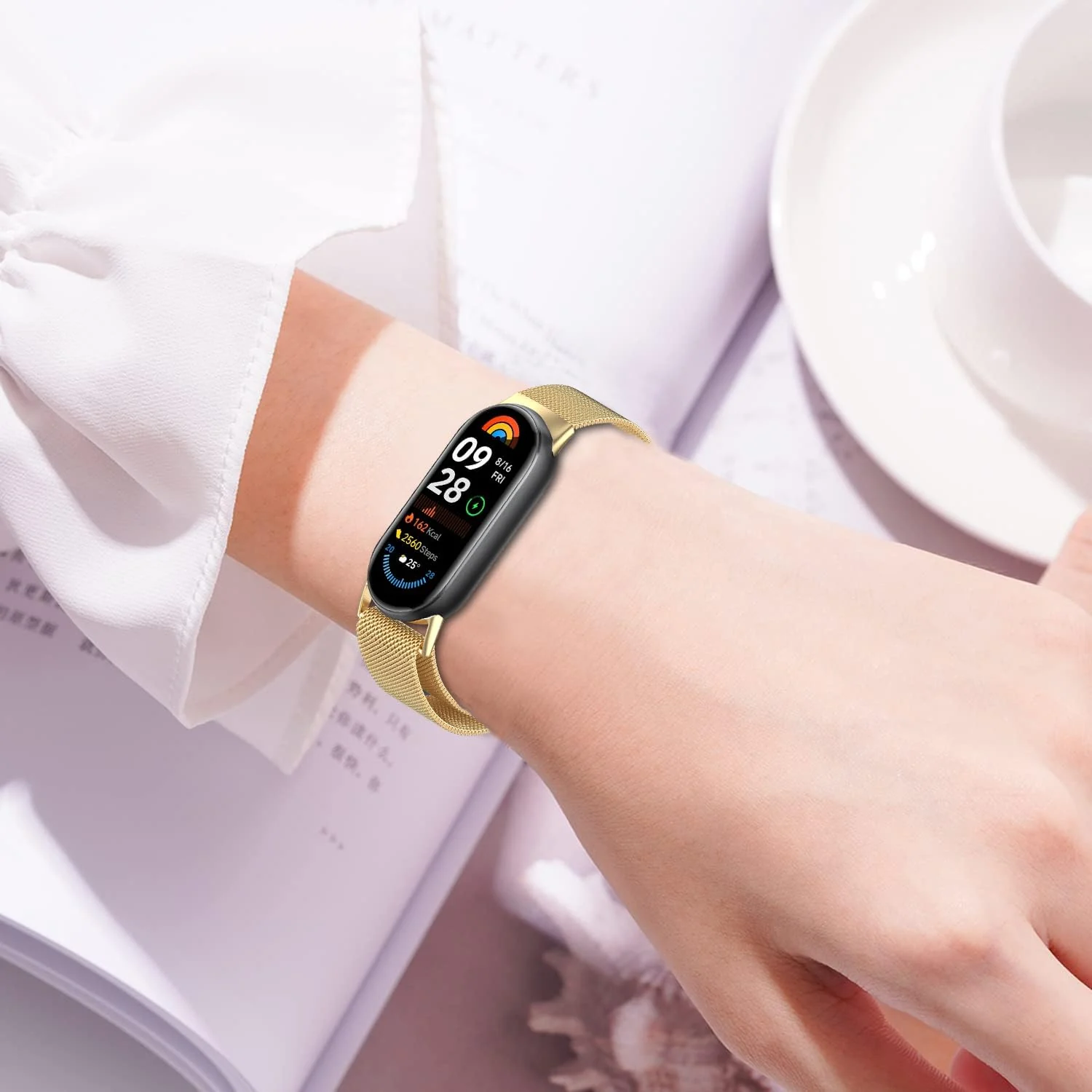 DL3 Mobilak Bracelet Compatible with Xiaomi Mi Band 10/9/8, Stainless Steel Replacement Straps, Mesh Metal Watch Strap, Magnetic Adjustable Replacement Strap For Xiaomi Smart Band 8/9/10 - Gold