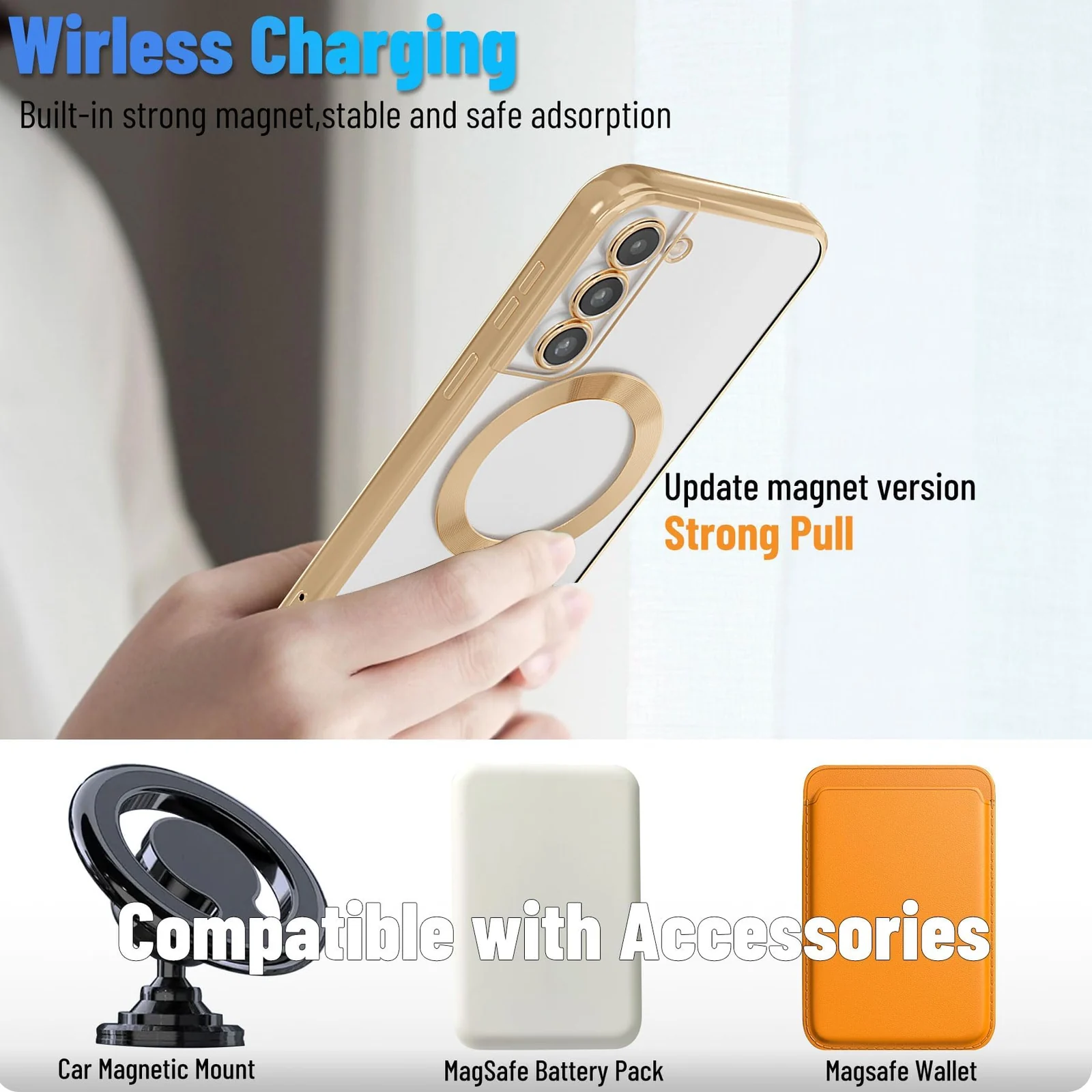 DL3 Mobilak Clear MagSafe-Compatible Magnetic Case for Samsung Galaxy S21 FE 5G with Camera Protection and Shockproof Design - Gold