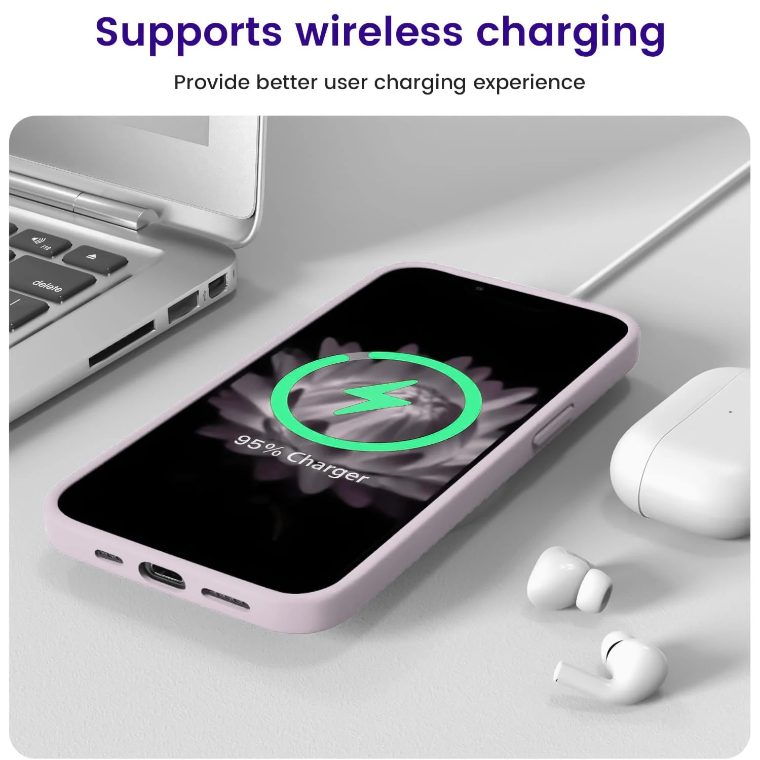 DL3 Mobilak Liquid Silicone Case for iPhone 15, Supports wireless charging, Shock-absorbing protection, Anti-fingerprint finish - A.Lavender Pink