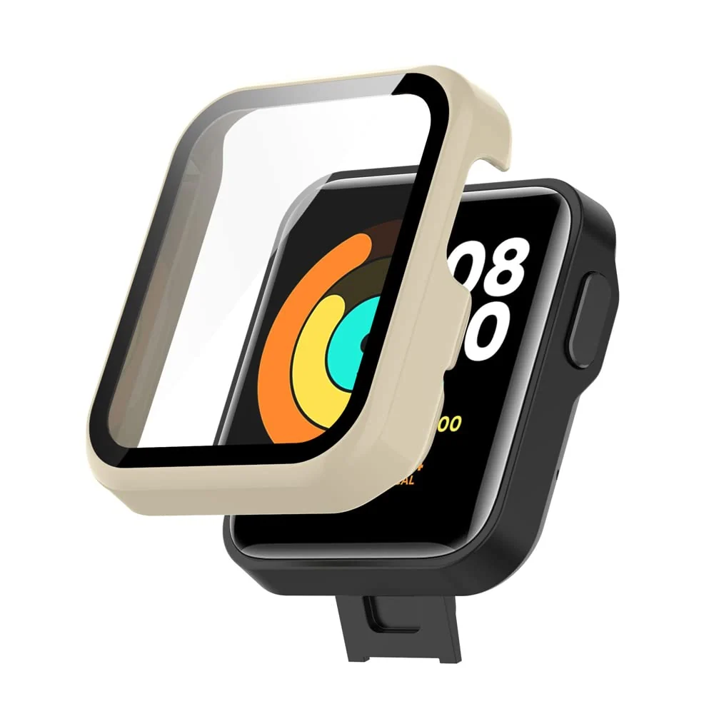 DL3 Mobilak Protective Case Compatible with Xiaomi Mi Watch Lite, 9H Hardness PC Cover Bumper Full Slim Protective Case with Tempered Glass For Redmi Watch Lite - Ivory White