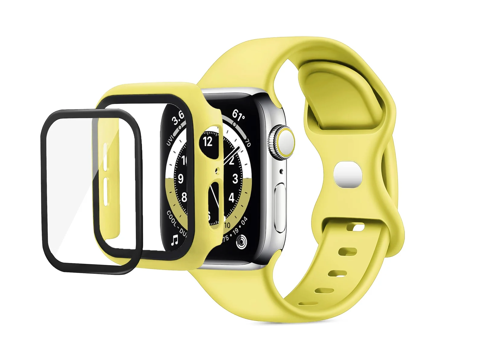 DL3 Mobilak Band with Case Compatible with Apple Watch 45mm, Adjustable Silicone Sport Wristband Replacement, Strap With Cover Built-in Glass Screen Protector for iWatch Series 9 8 7 - Yellow