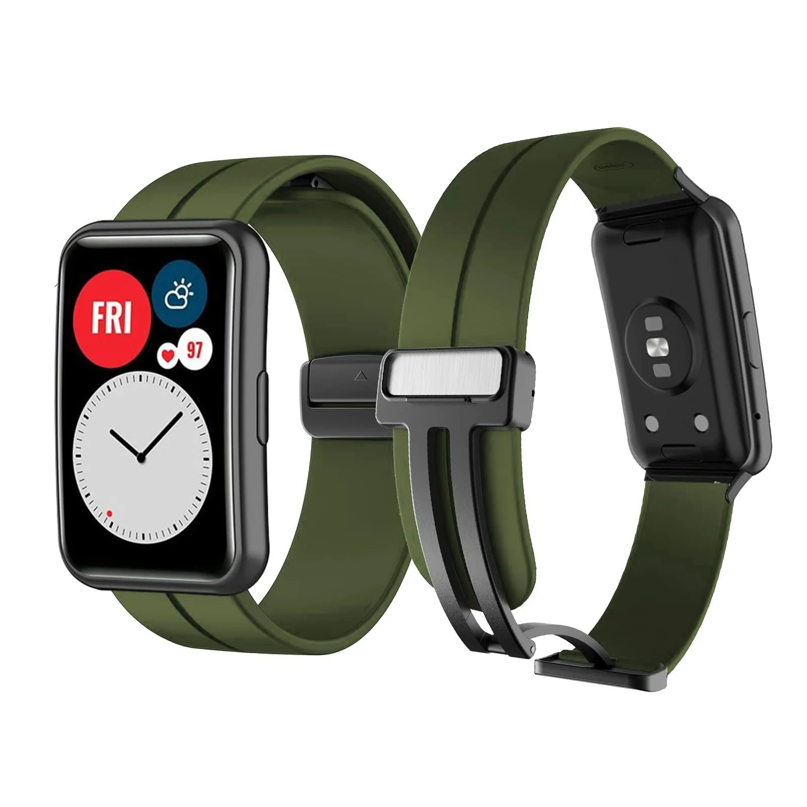 DL3 Mobilak Silicone Strap Compatible with Huawei Watch Fit Magnetic Metal Stainless Buckle Sport Silicone Strap for Huawei Watch Fit Band Quick Release Soft Replacment Wristband - Army Green