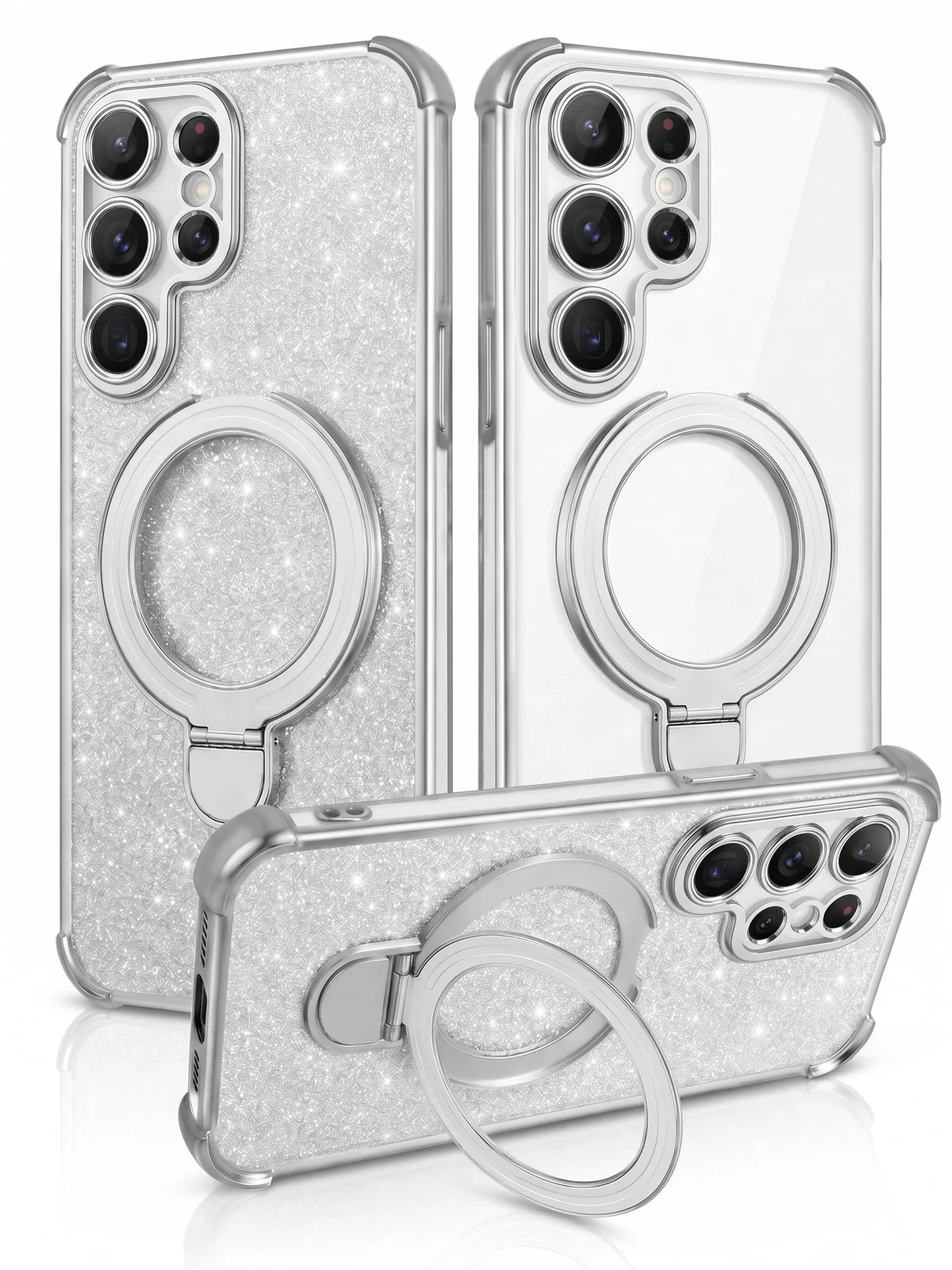 MOBIGON Glitter Phone Case with Magnetic Ring Stand for Samsung Galaxy S25 Ultra, Silver