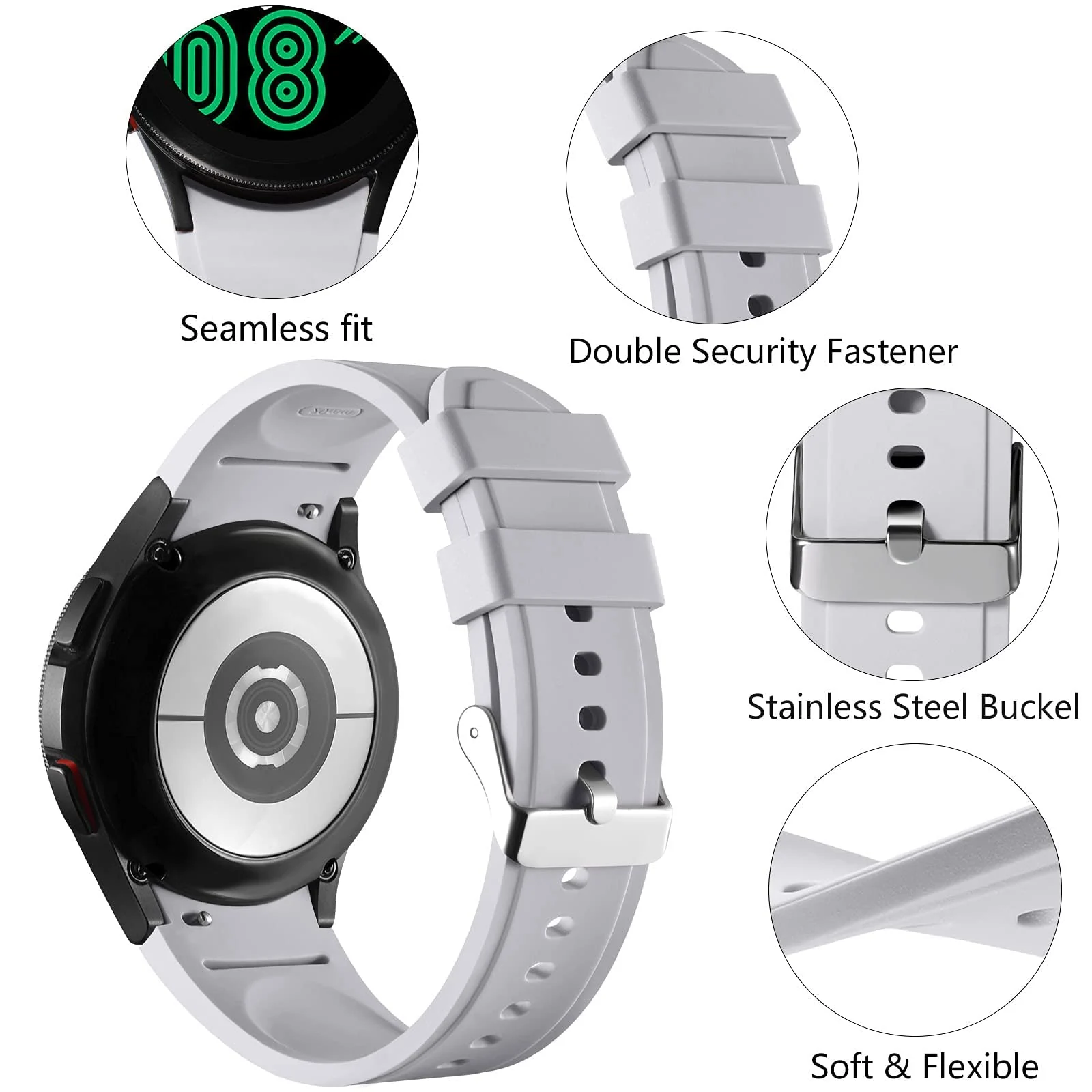 DL3 Mobilak No Gap Bands Compatible with Samsung Galaxy Watch 7 5 4 6 Band 44mm 40mm/Watch 5 Pro 45mm/Galaxy Watch 4 Classic 46mm 42mm Strap,20mm Quick Release Sport Replacement Bands for Women Men - Light Gray
