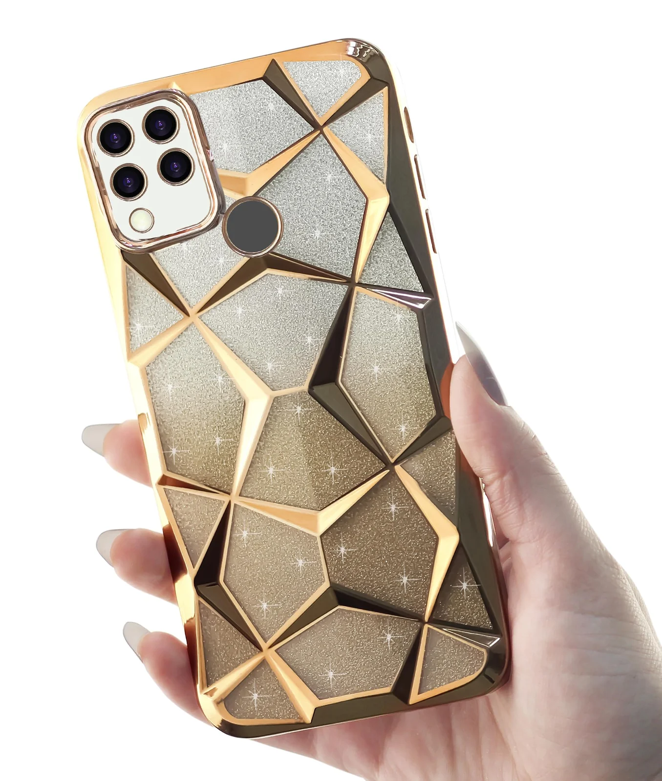 DL3 Mobilak Compatible with realme C15 Case Plating Bling Gradient Glitter Clear Cover Soft TPU Silicone Cute Camera Protection Shockproof Back for Women Girls Case - Gold