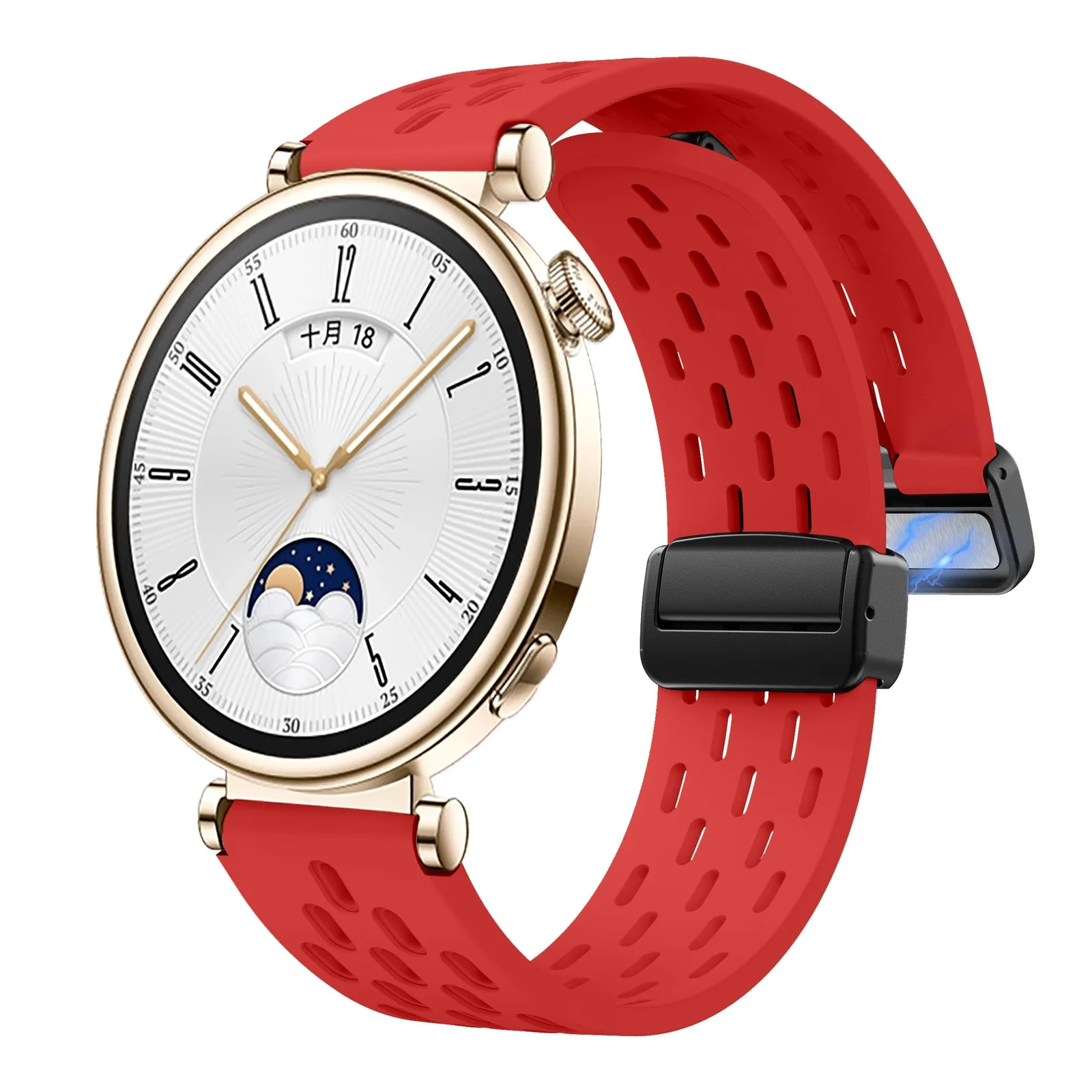 DL3 Mobilak 18mm Silicone Strap For Huawei Watch GT 6 41mm/GT 5 Pro 42 mm/GT 5 41mm/GT4 41 mm/Watch 5 42mm Magnetic Metal Buckle Sport Silicone Breathable Strap, Band Soft Replacment Wristband - Red