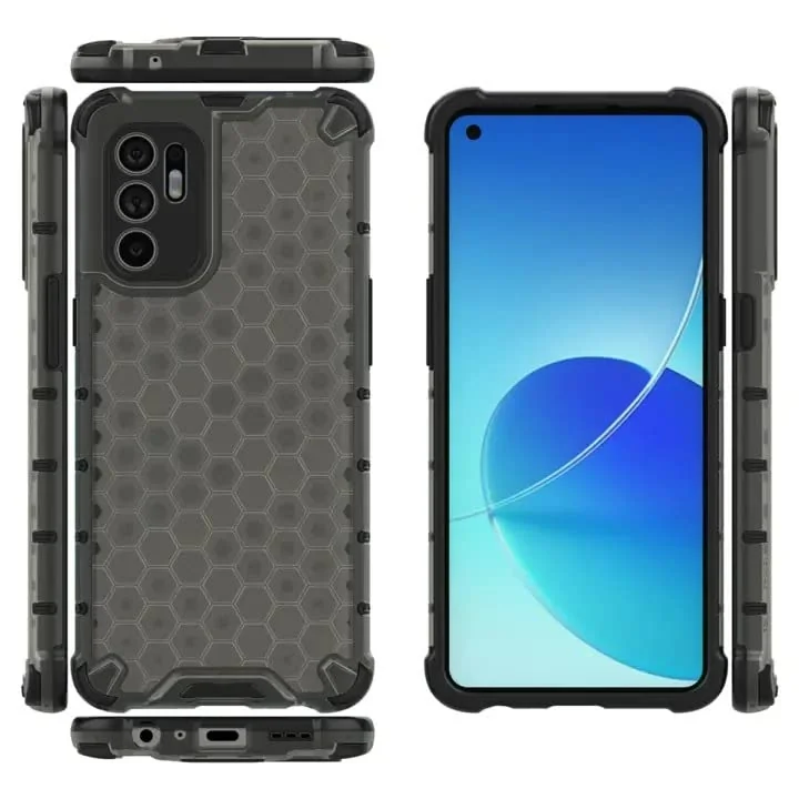 DL3 Mobilak Honeycomb Protective Case for OPPO Reno 6 4G, Shock-absorbing protection, Transparent design, Slim, lightweight profile - Black
