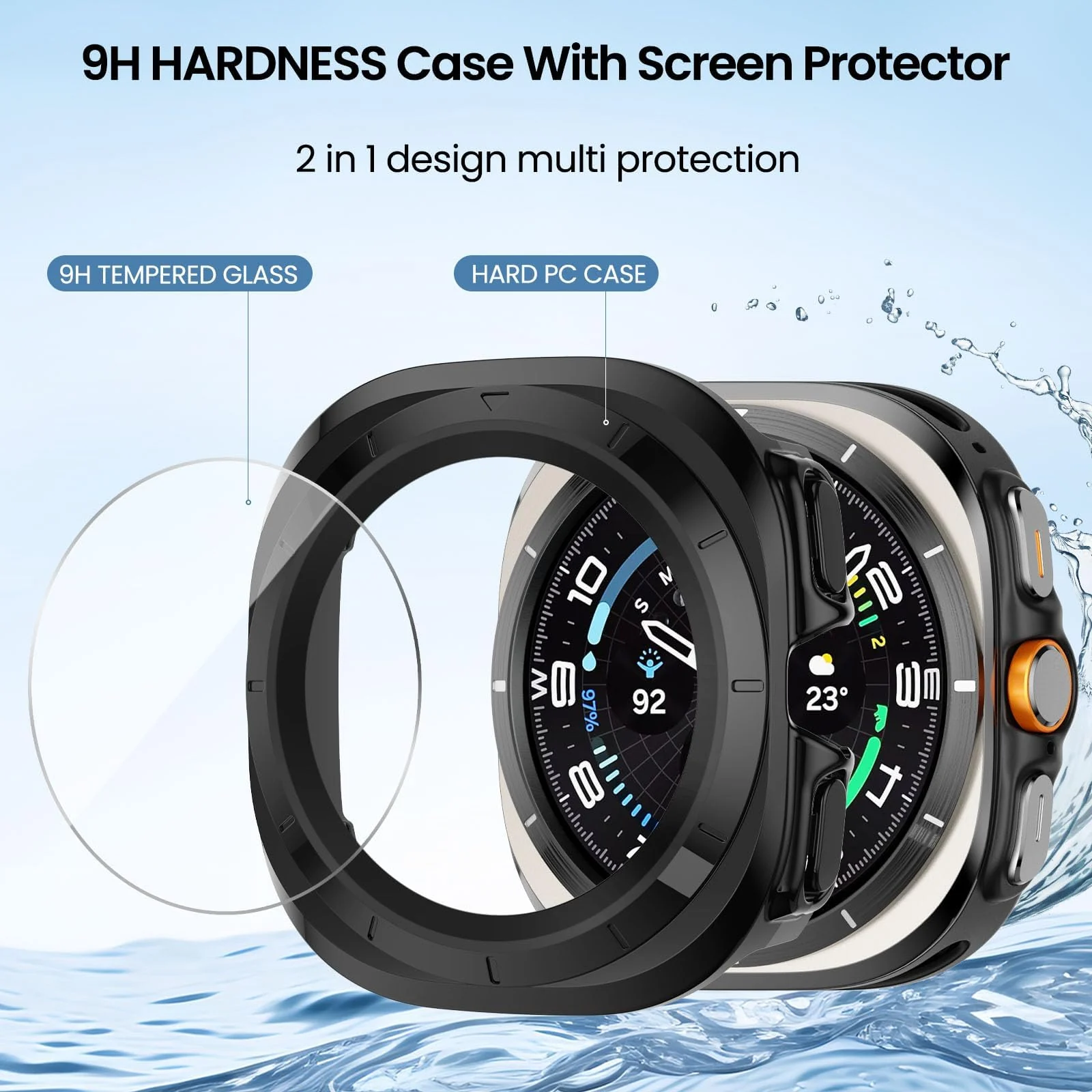 DL3 MOBILAK Case Compatible with Samsung Galaxy Watch Ultra 2025/Galaxy Watch 7 Ultra 2024 47mm, Full Coverage Slim Hard Case Protective Bumper Built-in Tempered Glass Screen Protector Shell - Black