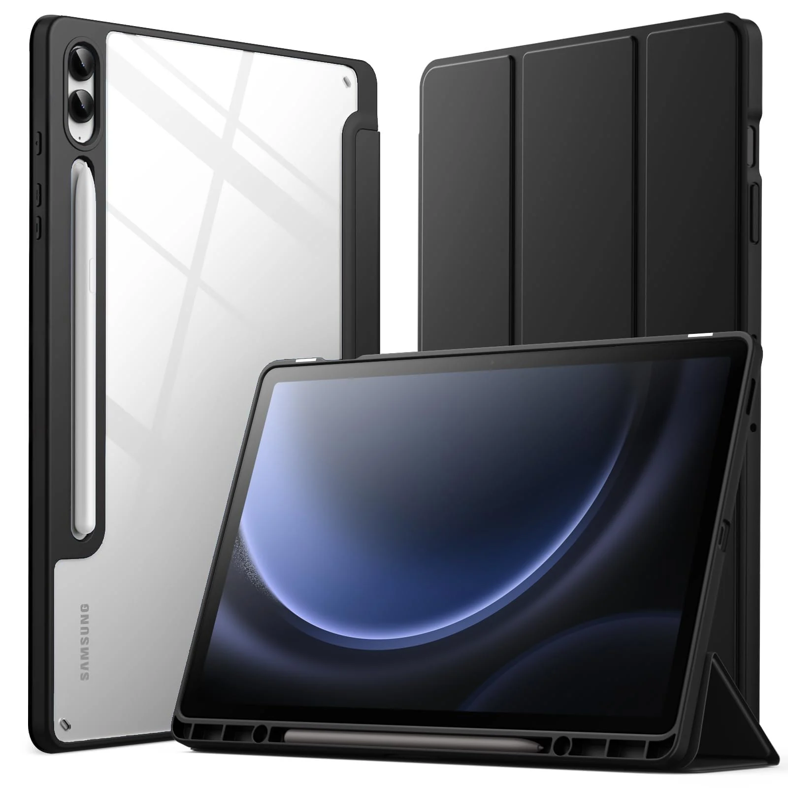 DL3 Mobilak Hybrid Slim Case for Samsung Galaxy Tab S9 FE+ / S9 FE Plus 12.4-Inch with S Pen Holder, Shockproof Cover with Clear Transparent Back Shell, Auto Wake/Sleep - Black