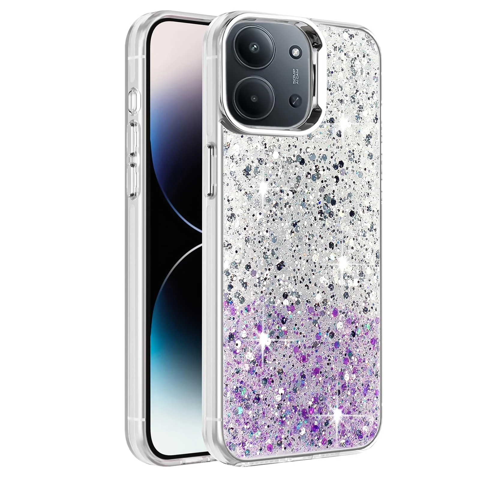 Dl3 Mobilak Compatible with Xiaomi Redmi 15C 4G/5G Case, Clear Glitter Bling Sparkly, Soft TPU Frame Bumper, Hard-Back Cover for Women & Girls, Transparent Protective Phone Case (Green Purple)