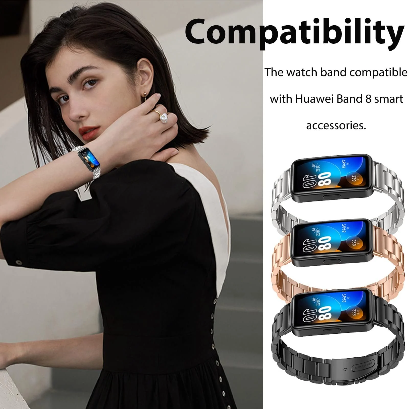 DL3 Mobilak Metal Strap Compatible with HUAWEI Band 10 / HUAWEI Band 9 / HUAWEI Band 8, Stainless Steel Replacement Band with Folding Clasp, Adjustable Replacement Bracelet Wristband - Black