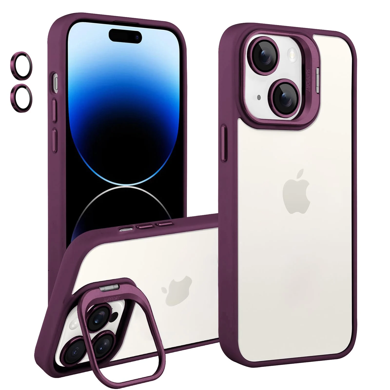 DL3 Mobilak Clear PC and TPU Case with Camera Ring Kickstand and Lens Protector for iPhone 15 - Wine Red