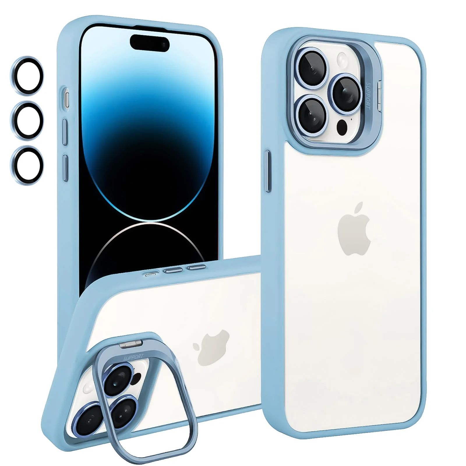 DL3 Mobilak Clear PC and TPU Case with Camera Ring Kickstand and Lens Protector for iPhone 13 Pro - Light Blue