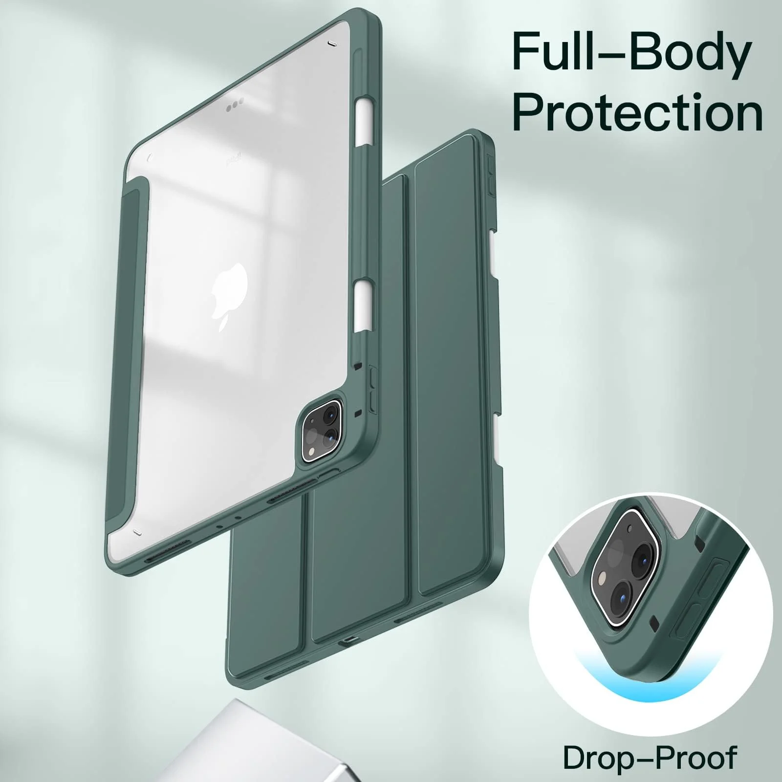 DL3 Mobilak for iPad Pro 12.9 Case 6th/5th/4th/3rd Generation 2022/2021/2020/2018, Clear Shockproof Back Cover Built-in Pencil Holder, Auto Sleep/Wake - Green