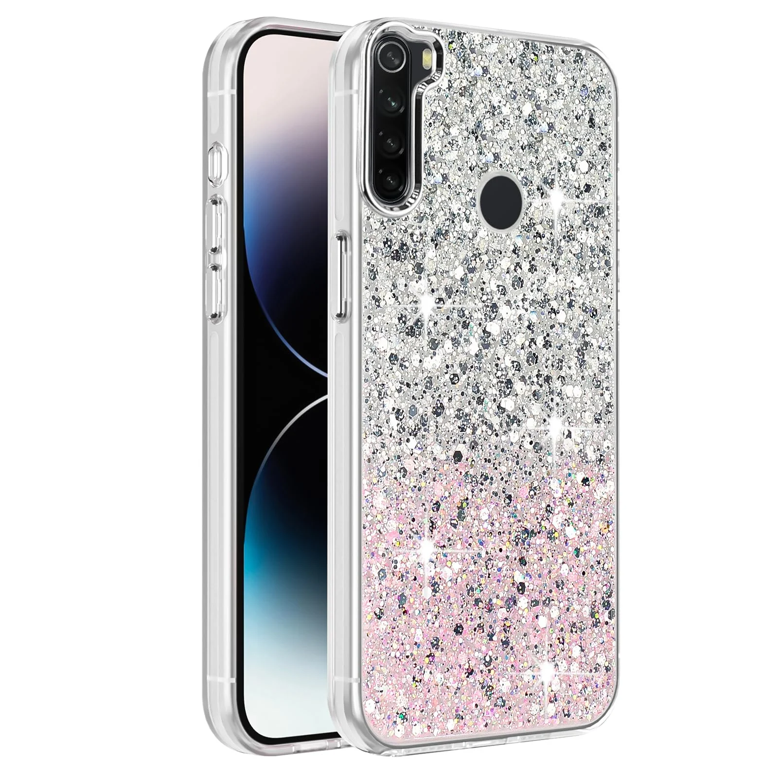 DL3 Mobilak Compatible with Xiaomi Redmi Note 8 Case, Clear Glitter Bling Sparkly, Soft TPU Frame Bumper, Hard-Back Cover for Women & Girls, Transparent Protective Phone Case - White Pink