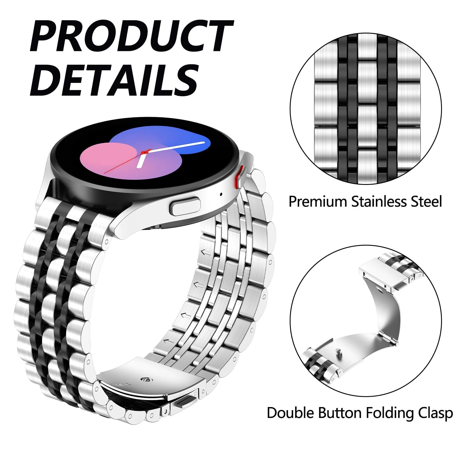 DL3 MOBILAK Adjustable Stainless-Steel Link Watch Strap for watches with 20mm lugs - B-Silver/Black