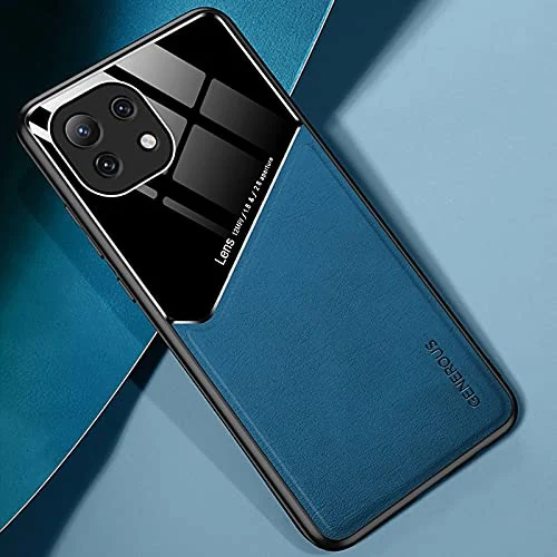 DL3 Mobilak Luxury Case For Xiaomi 11 Lite 5G NE/Xiaomi Mi 11 Lite (4G/5G), Ultra-Thin Soft TPU Frame, Back Leather Mixed Double+Plexiglass Protective Cover With Built-in Car Magnetic - Blue