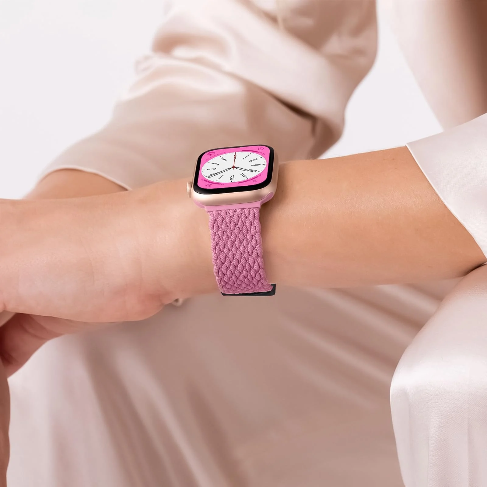 DL3 Mobilak Sport Solo Loop Compatible with Apple Watch Band 42mm 44mm 45mm 46mm 49mm for Women Men, Magnetic Strap Stretchy Braided Wristband for iWatch Series 11 10 9 8 7 6 5 4 3 Ultra 3 2 1 SE SE2 - Pink
