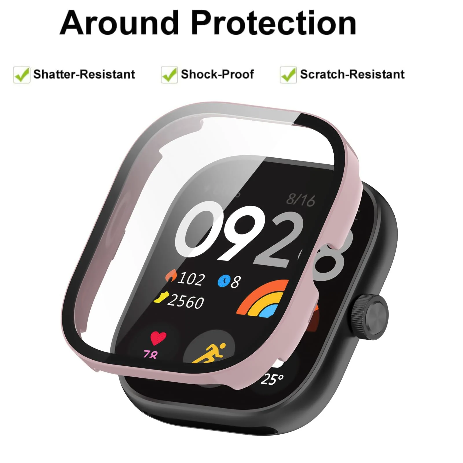 DL3 MOBILAK Full-Coverage Watch Case with Tempered Glass for Xiaomi Redmi Watch 4, Pink
