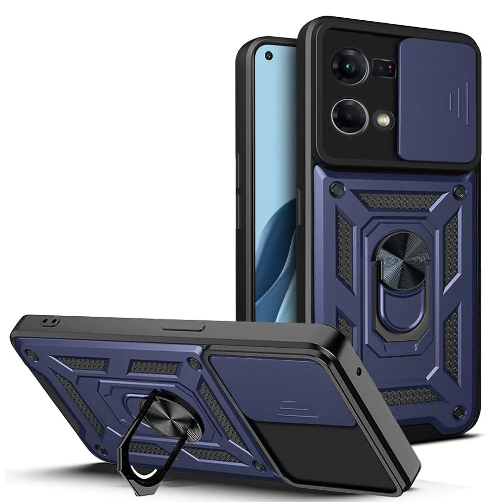 DL3 Mobilak Protective Case with Sliding Camera Cover, Metal Ring Kickstand and Magnetic Car-Mount Support for OPPO Reno 8 4G / Reno 7 4G / F21 Pro 4G / F21S Pro 4G - Blue