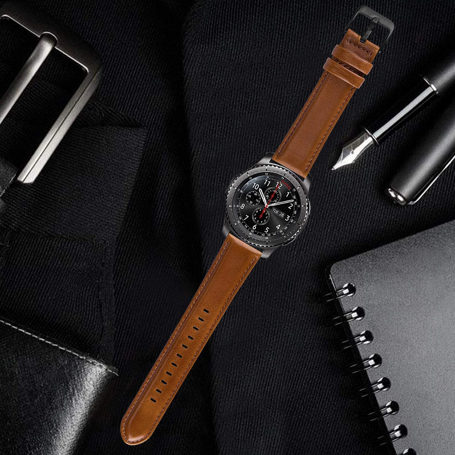 DL3 Mobilak Strap Leather 22MM Band For Samsung Galaxy Watch 3 45mm/Watch 46mm/Gear S3/Huawei watch GT5 GT4 GT3 46MM/Watch 4/3/GT2E/GT2 Pro/GT 3 Pro/GT5 Pro/GT GT2 46MM/Amazfit GTR 4/3/3 Pro/2/2e - Black
