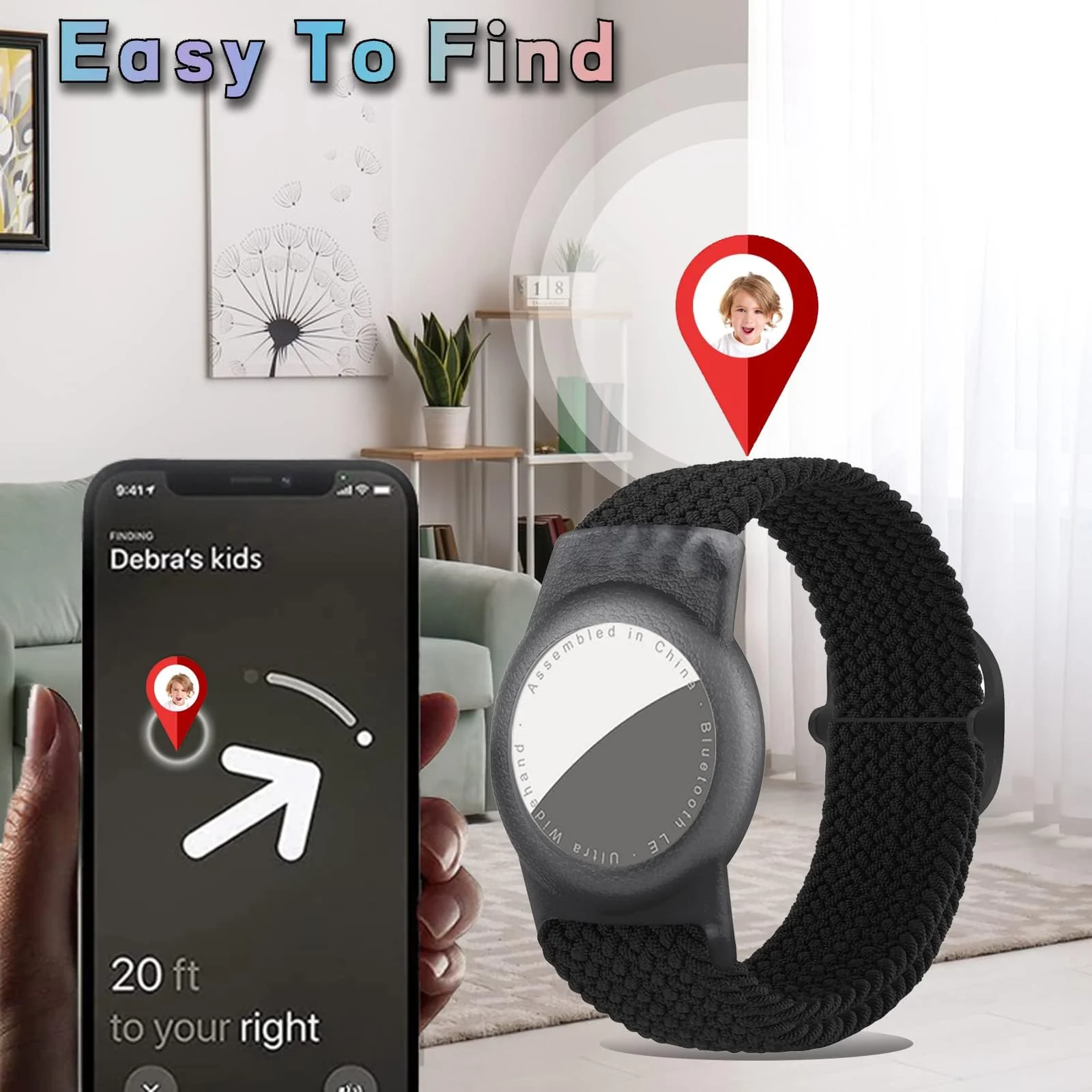 DL3 Mobilak Bracelet for Kids Compatible with AirTag, Nylon Stretch Braided Air Tag Wristband, Protective Case for Airtag GPS Tracker Holder, Adjustable Elastic Watch Strap for Toddler Child Elde - Black