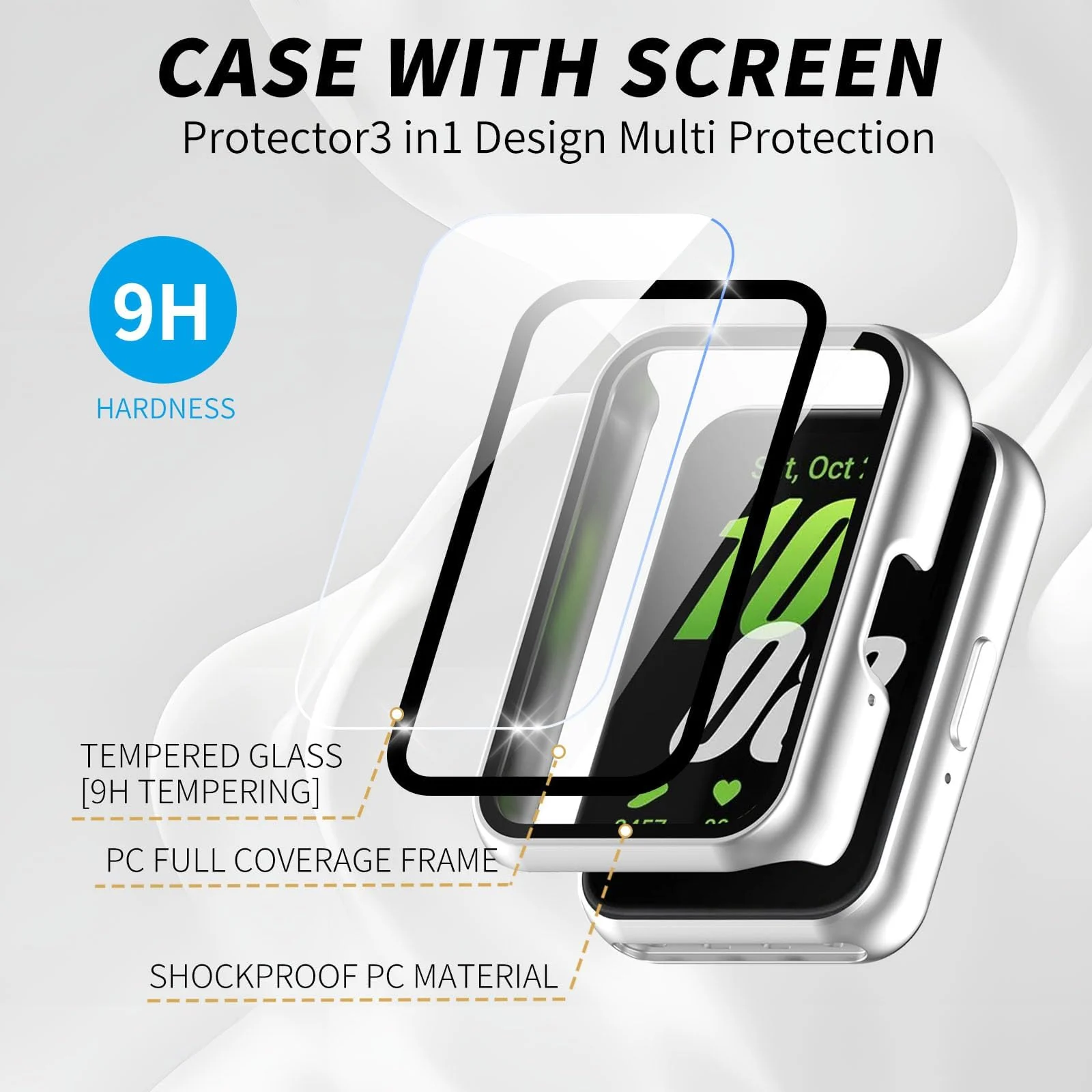 DL3 MOBILAK Full-Coverage Watch Case with Tempered Glass for Samsung Galaxy Fit 3, Silver Matte