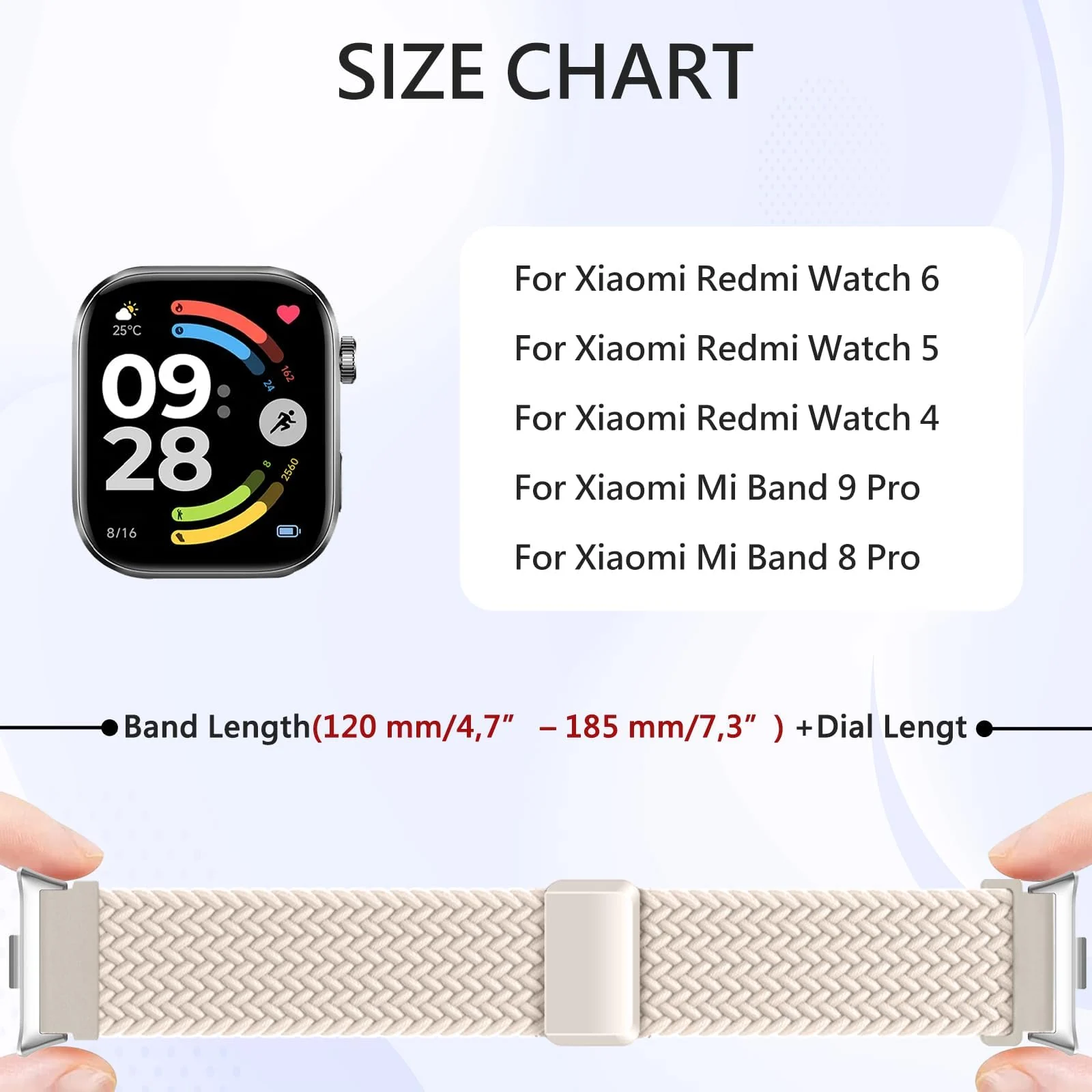 DL3 Mobilak Braided Bracelet Compatible with Redmi Watch 4/5 / 6 / Xiaomi Smart Band 8 Pro/Band 9 Pro, Nylon Magnetic Fabric Elastic Sport Nylon Replacement Strap for Men Women - Starlight
