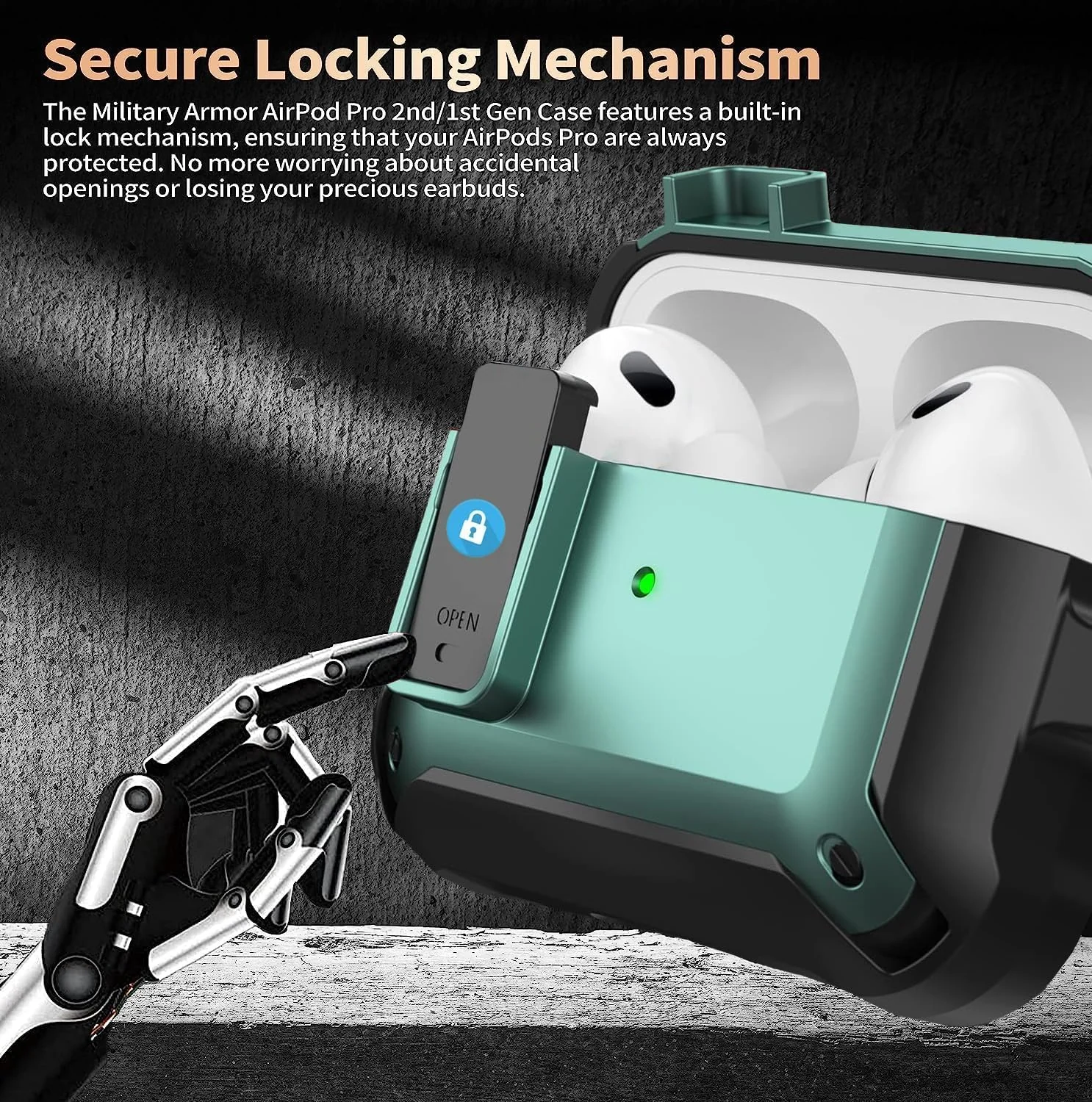 DL3 Mobilak Case Compatible with AirPods Pro Cover with Lock, Compatible with AirPods Pro 2nd Generation/1st Generation Case (2023/2022/2019) - Black Green