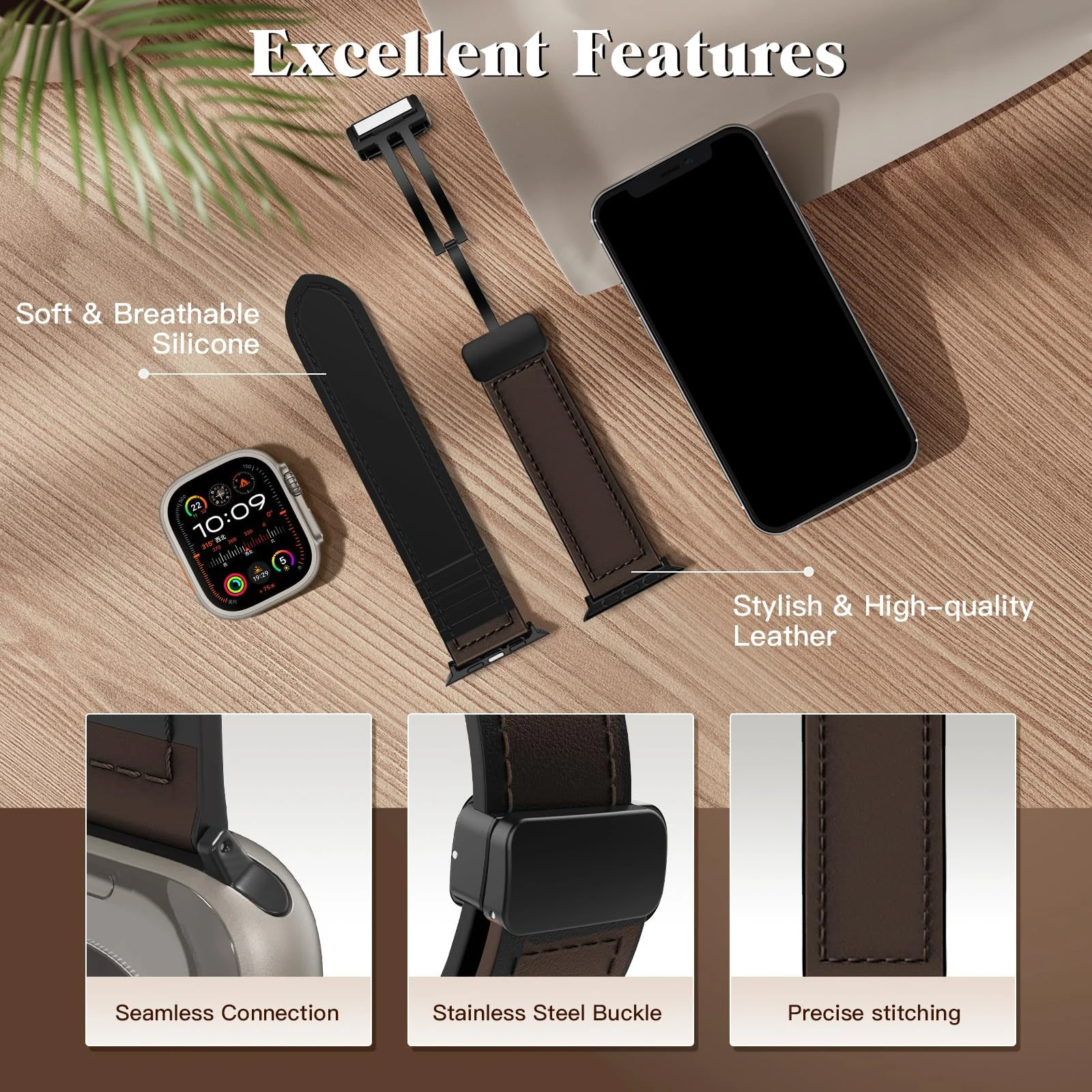 DL3 Mobilak Leather Bands Compatible with Apple Watch Band 49mm 45mm 44mm 42mm, Leather Magnetic Buckle Design Strap For iWatch Ultra Ultra 2 SE Series 9 8 7 6 5 4 3 2 1 Wristband For Men Women - Black