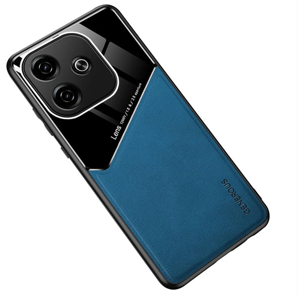 DL3 Mobilak Magnetic Car-Mount Case for Xiaomi Redmi 13 4G / 5G / Poco M6 4G, Ultra-Thin Soft TPU Frame, Back Leather Mixed Double+Plexiglass Protective with Camera Protection - Blue