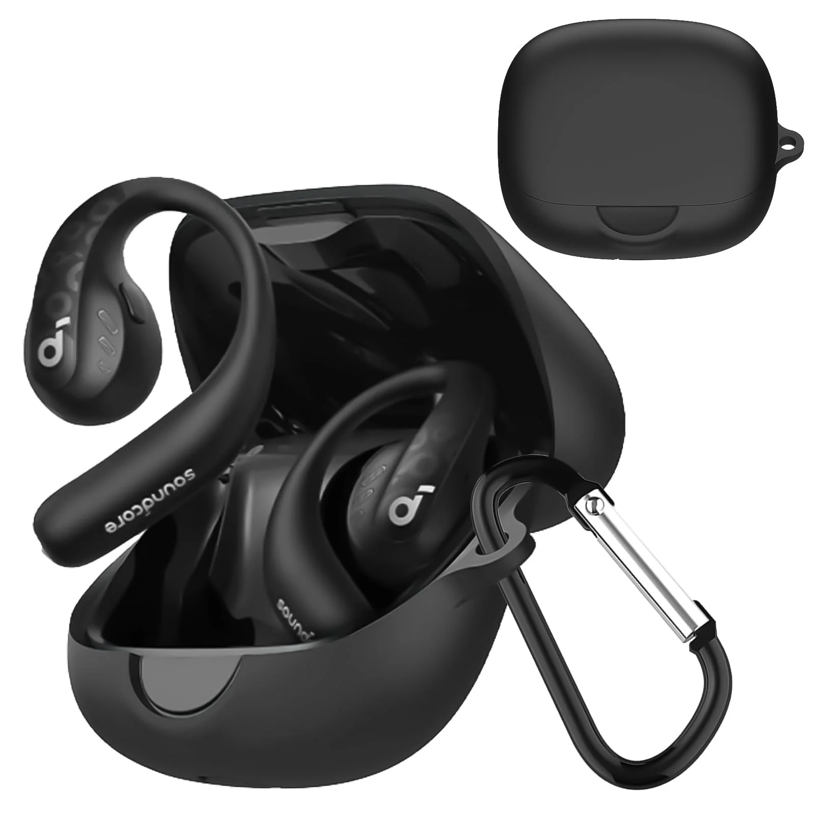 DL3 Mobilak Compatible with Anker Soundcore AeroFit Pro Case Cover, Soft Silicone Shockproof Protective Skin Case for Anker Aero Fit Pro Wireless Earbuds with Carabiner, Front LED Visible - Black