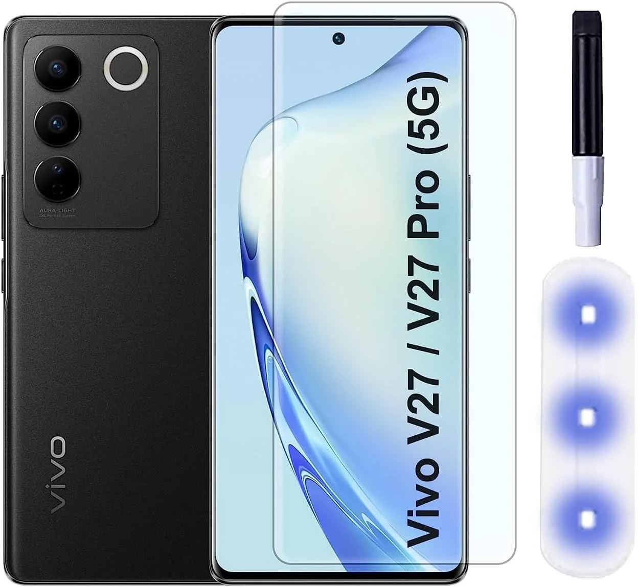 DL3 Mobilak Full Glass Screen Protector For vivo V27 / vivo V27 Pro 5G UV Tempered Glass Full Glue Cover Screen Protector For vivo V27 / vivo V27 Pro 5G Fingerprint Unlock Screen Glass Film - Clear