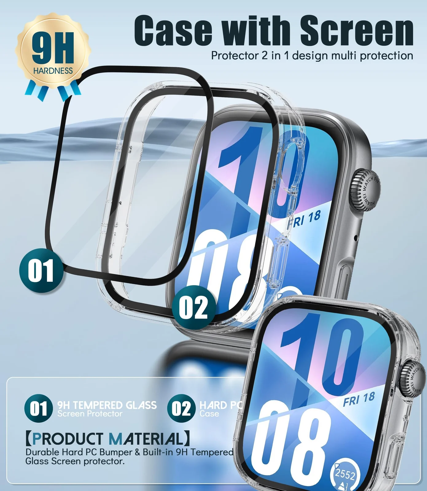 DL3 Mobilak Case Compatible with Huawei Watch Fit 4, Full Coverage Slim Hard Case Protective Bumper Built-in Tempered Glass Screen Protector Shell for Huawei Watch Fit 4 - Clear