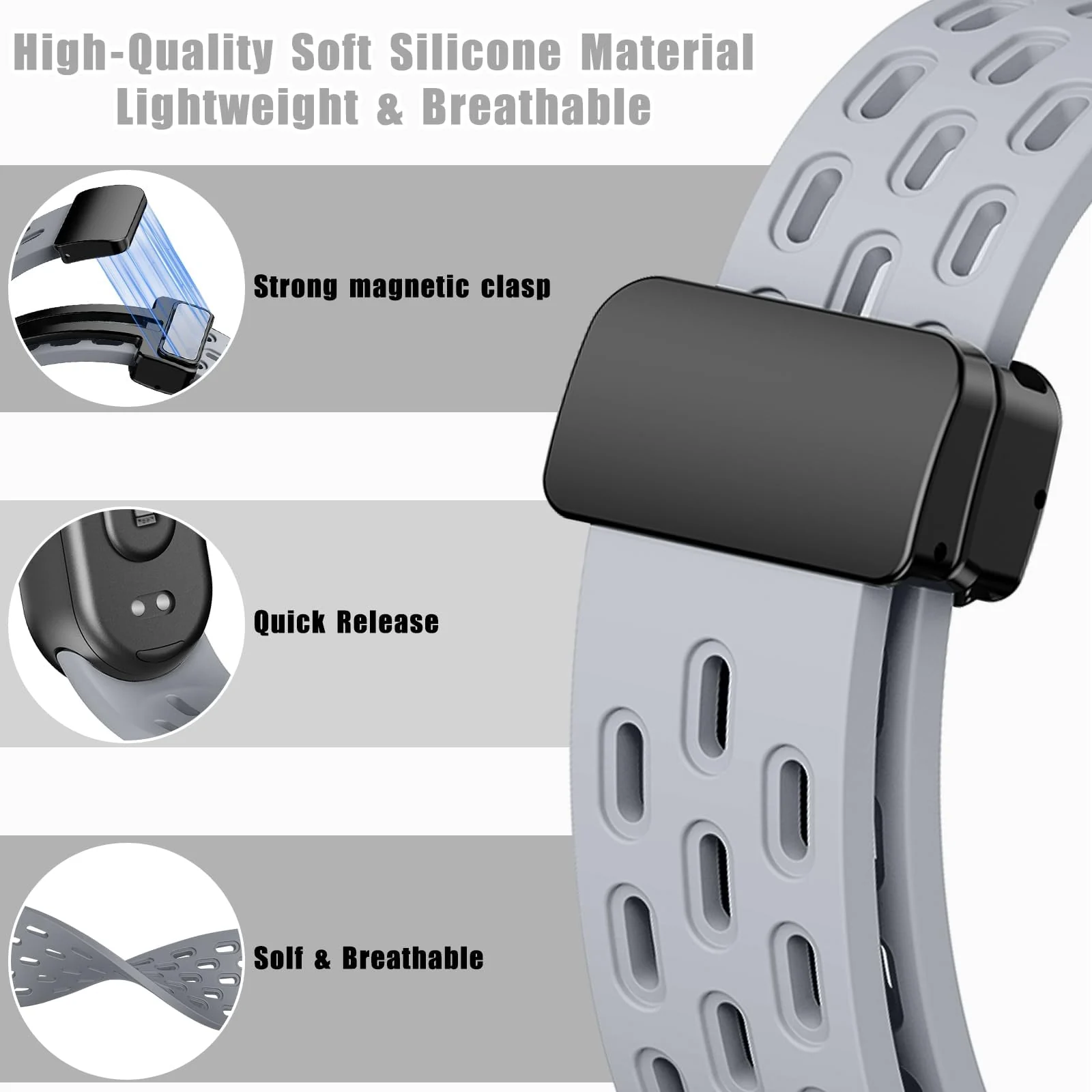 DL3 Mobilak Strap For Xiaomi Mi Band 10/9/8 Magnetic Metal Buckle Sport Silicone Breathable Strap for Men Women Band Quick Release Soft Replacment Wristband For Xiaomi Smart Band 8/9/10 - Gray