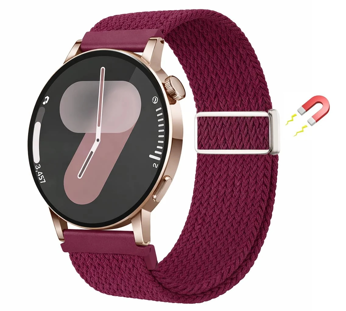 DL3 Mobilak 20mm Magnetic Band for Samsung Galaxy Watch 7/6/5/4/FE Band 40mm 44mm/Galaxy Watch 6/4 Classic Bands 47mm 43mm 46mm 42mm/Watch 5 pro 45mm/3 41mm/Active 2, Stretchy Braided Nylon Magnetic Sport Strap - Wine Red